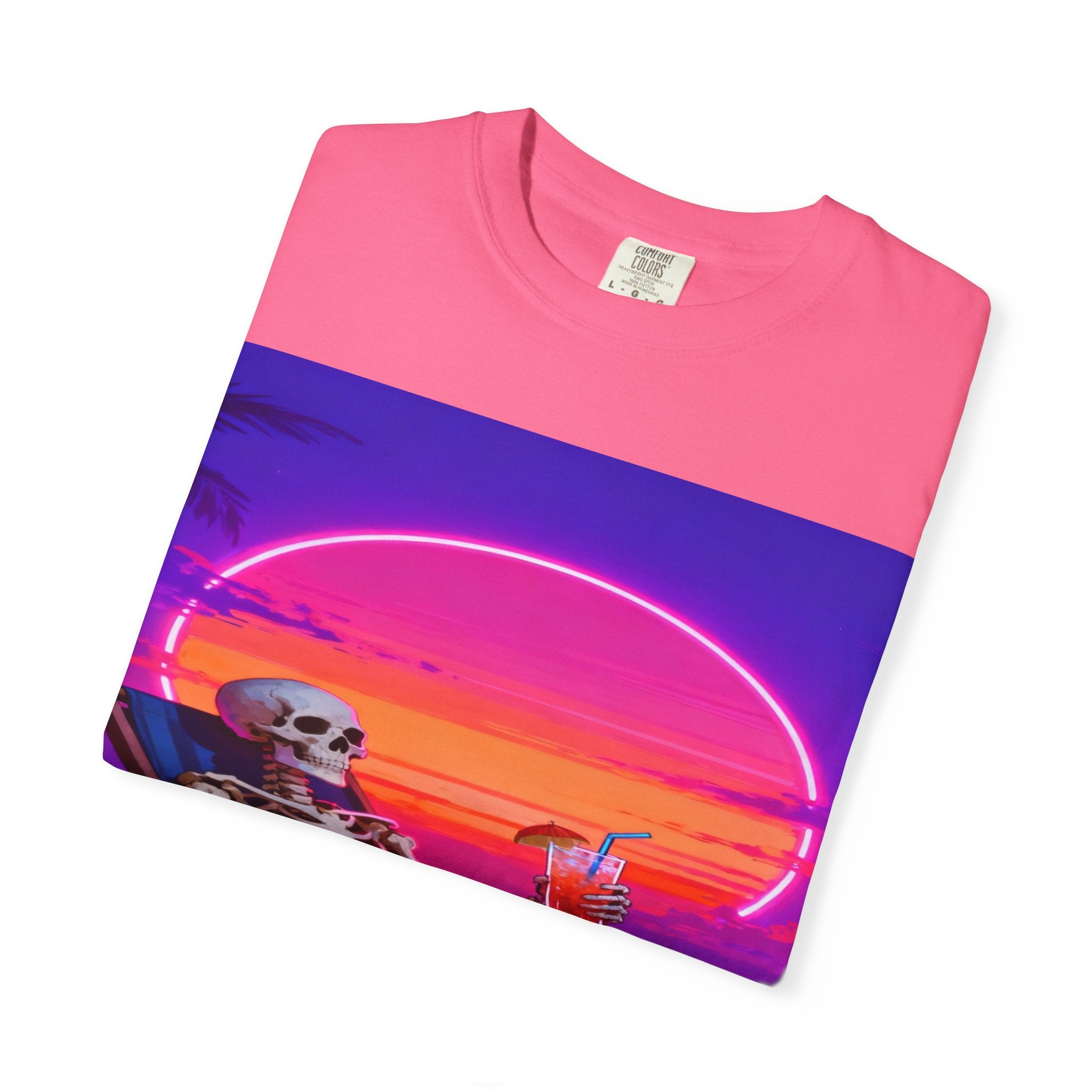 Skeleton on Beach T-shirt | Retro Neon Sunset Vaporwave