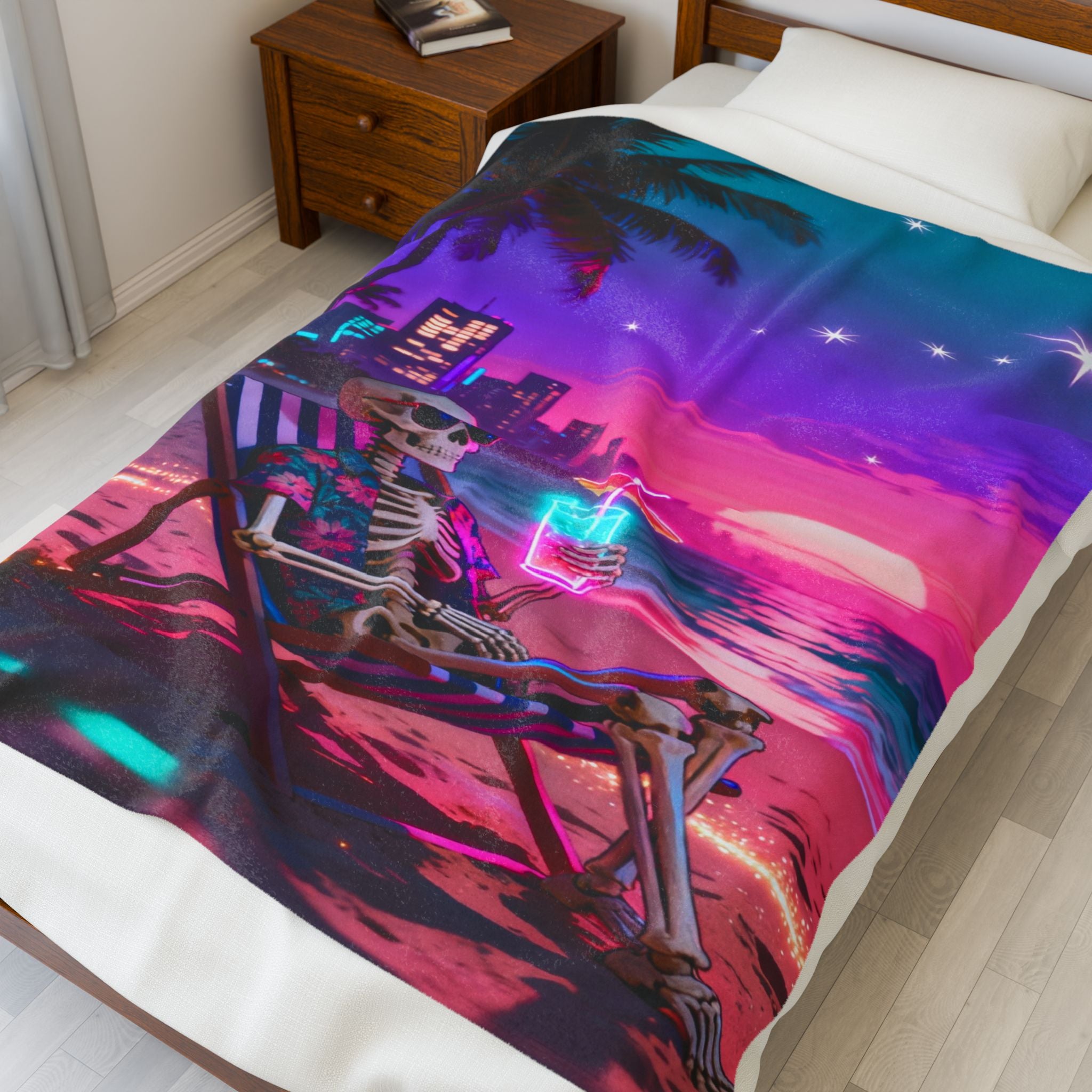 Neon Sunset Skeleton Beach Velveteen Plush Blanket
