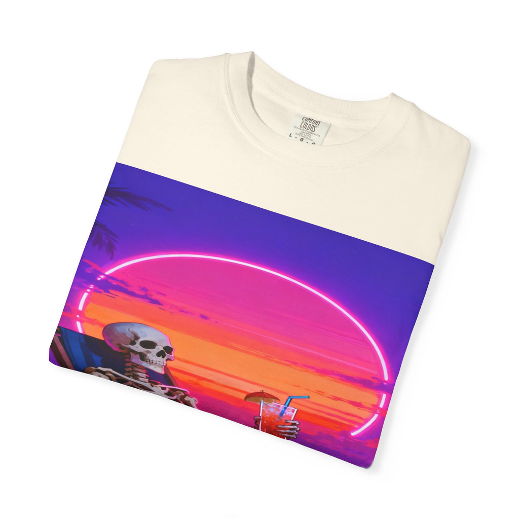 Skeleton on Beach T-shirt | Retro Neon Sunset Vaporwave