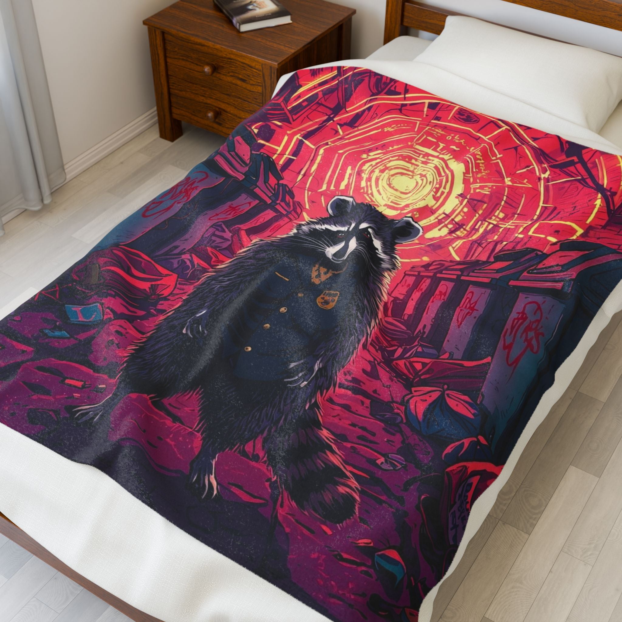 Cyberpunk Raccoon Patrol Velveteen Plush Blanket | Neon Alley Art Throw