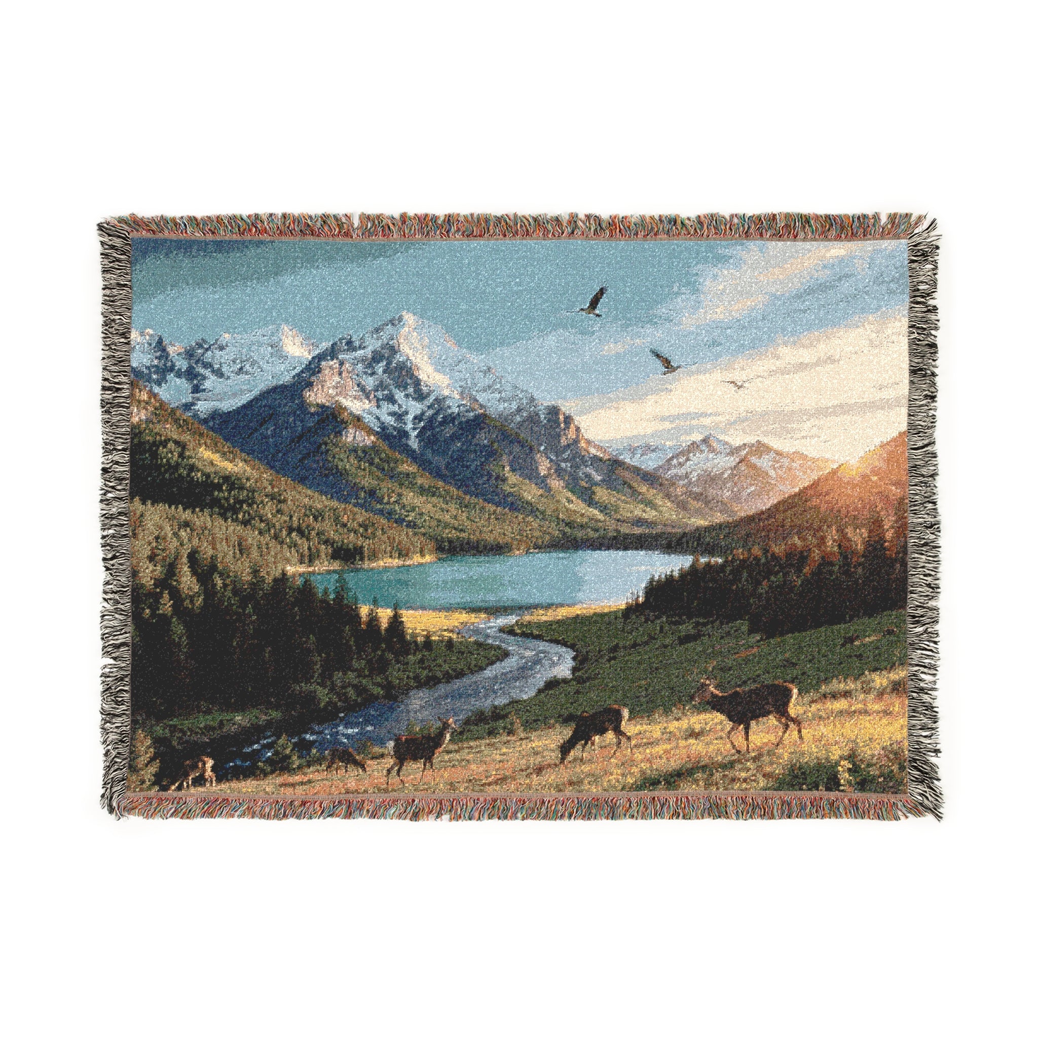 Mountain Lake Landscape Woven Blanket | Scenic Cabin Decor, River Valley Throw