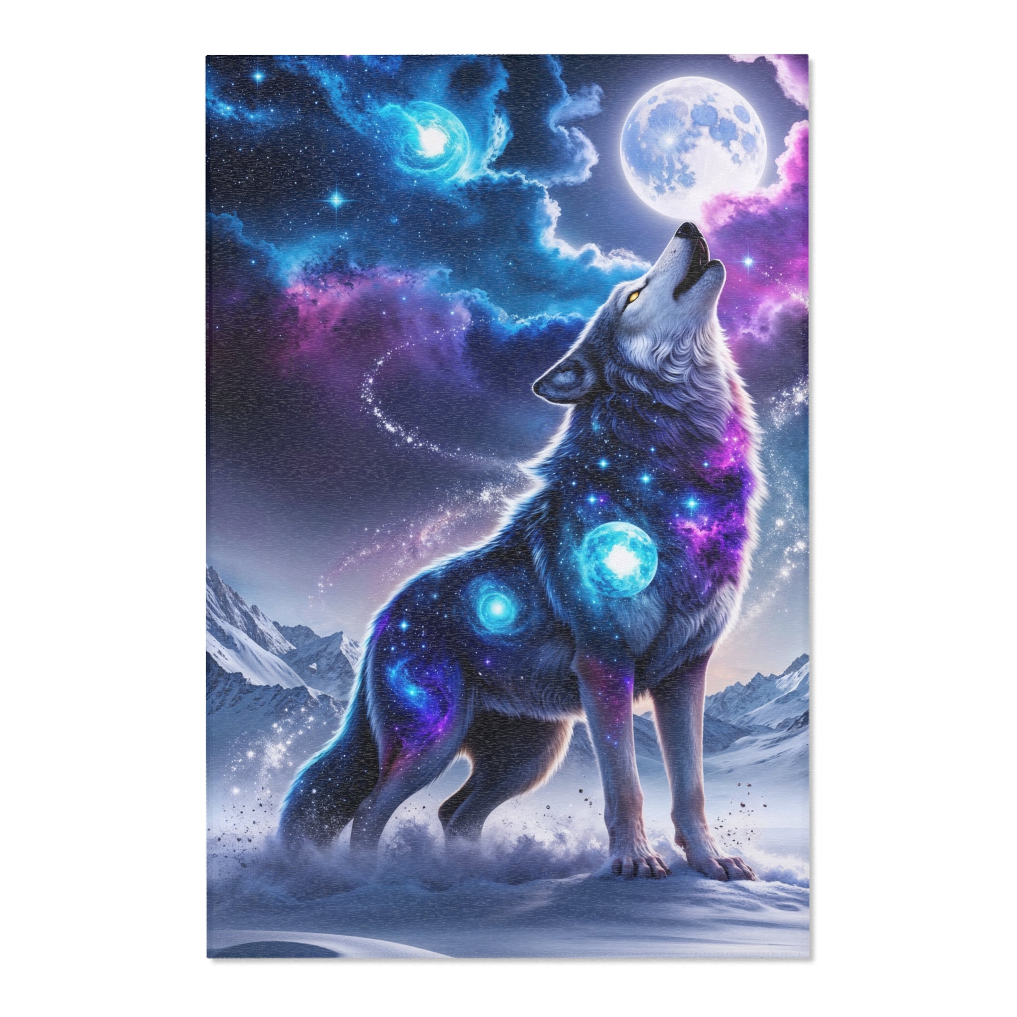 Galaxy Wolf Howling Area Rug | Cosmic Moon Night Sky, Blue Purple Nebula
