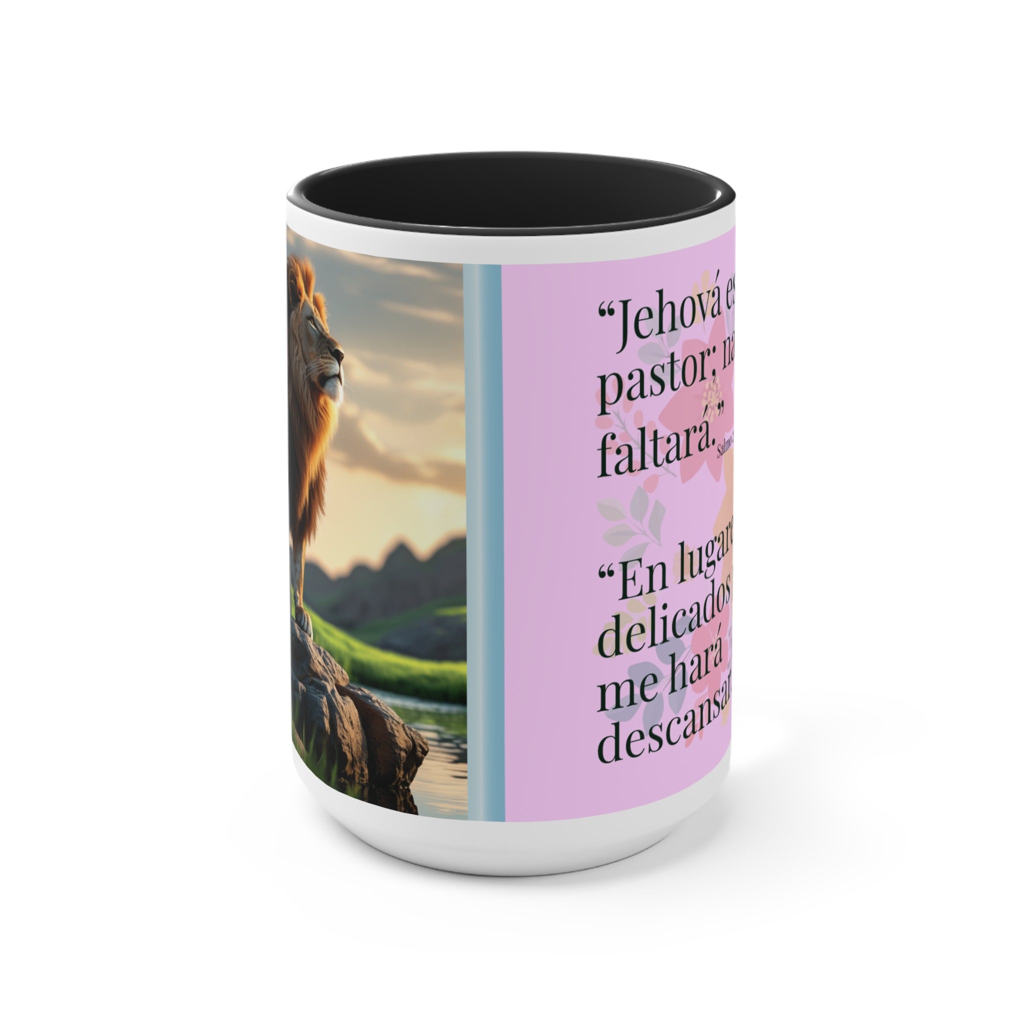 Lion Illustration Accent Mug | Bible Verse Spanish Text, Pink Interior
