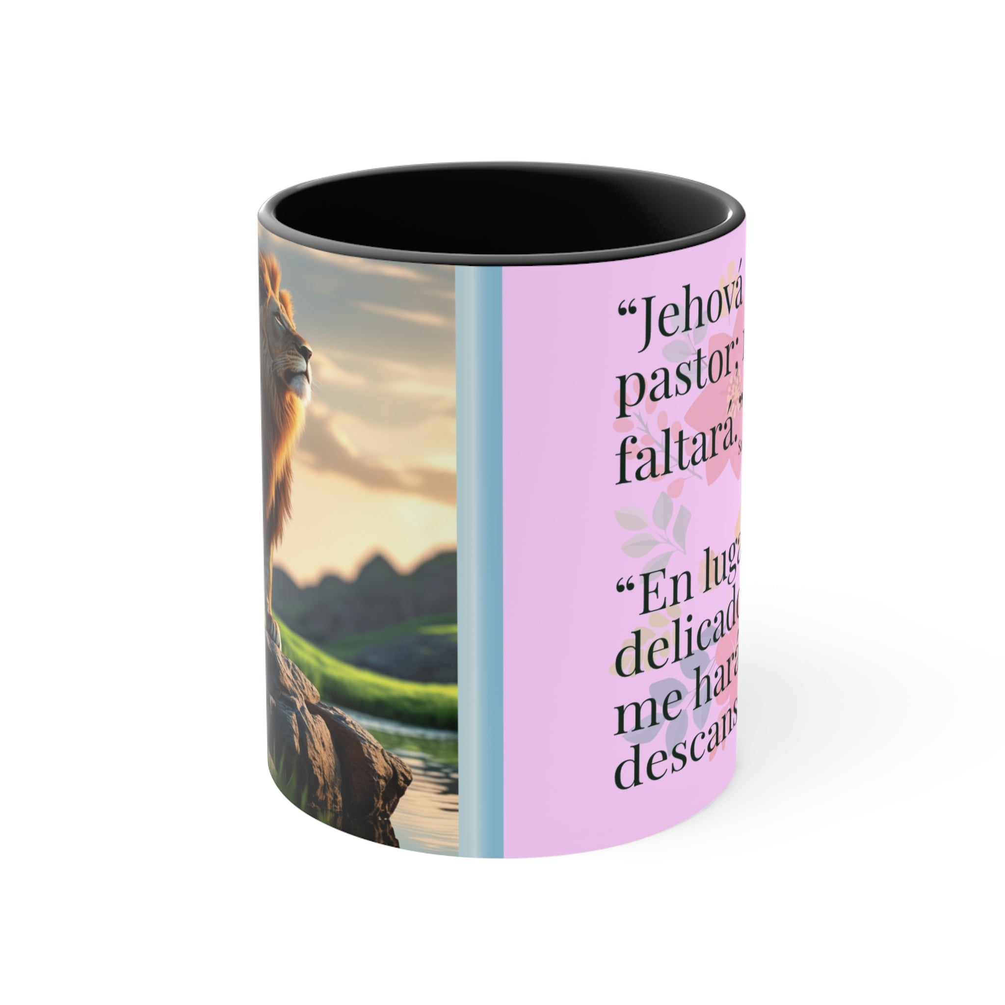 Lion Illustration Accent Mug | Bible Verse Spanish Text, Pink Interior