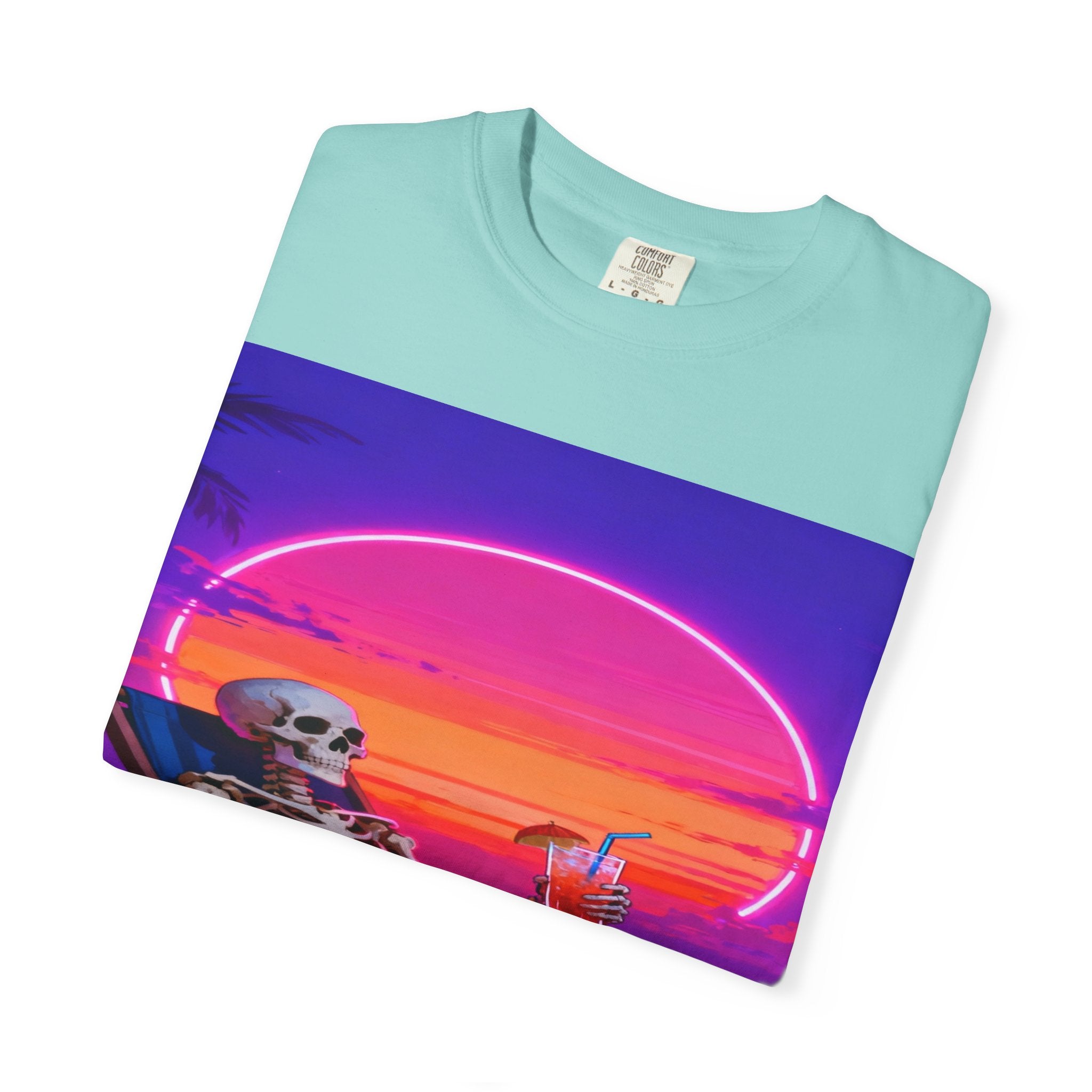 Skeleton on Beach T-shirt | Retro Neon Sunset Vaporwave