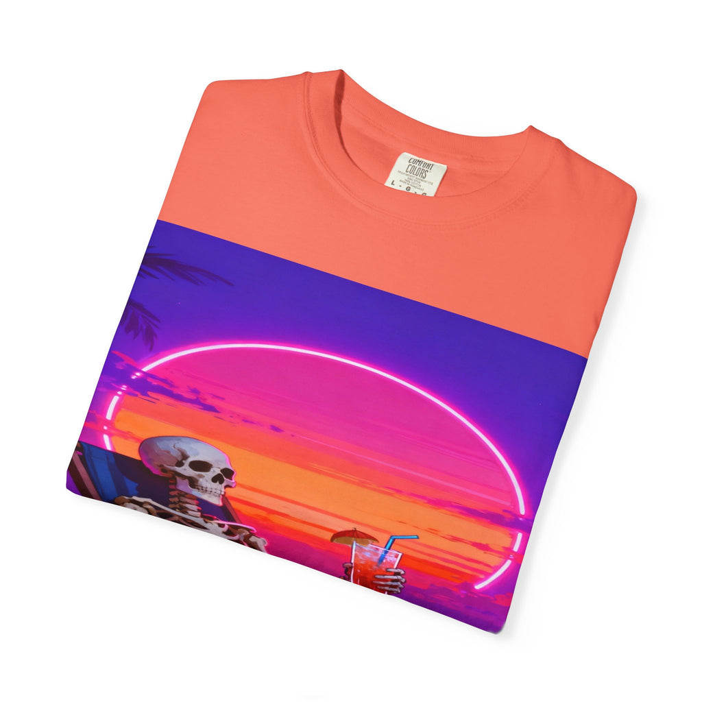 Skeleton on Beach T-shirt | Retro Neon Sunset Vaporwave