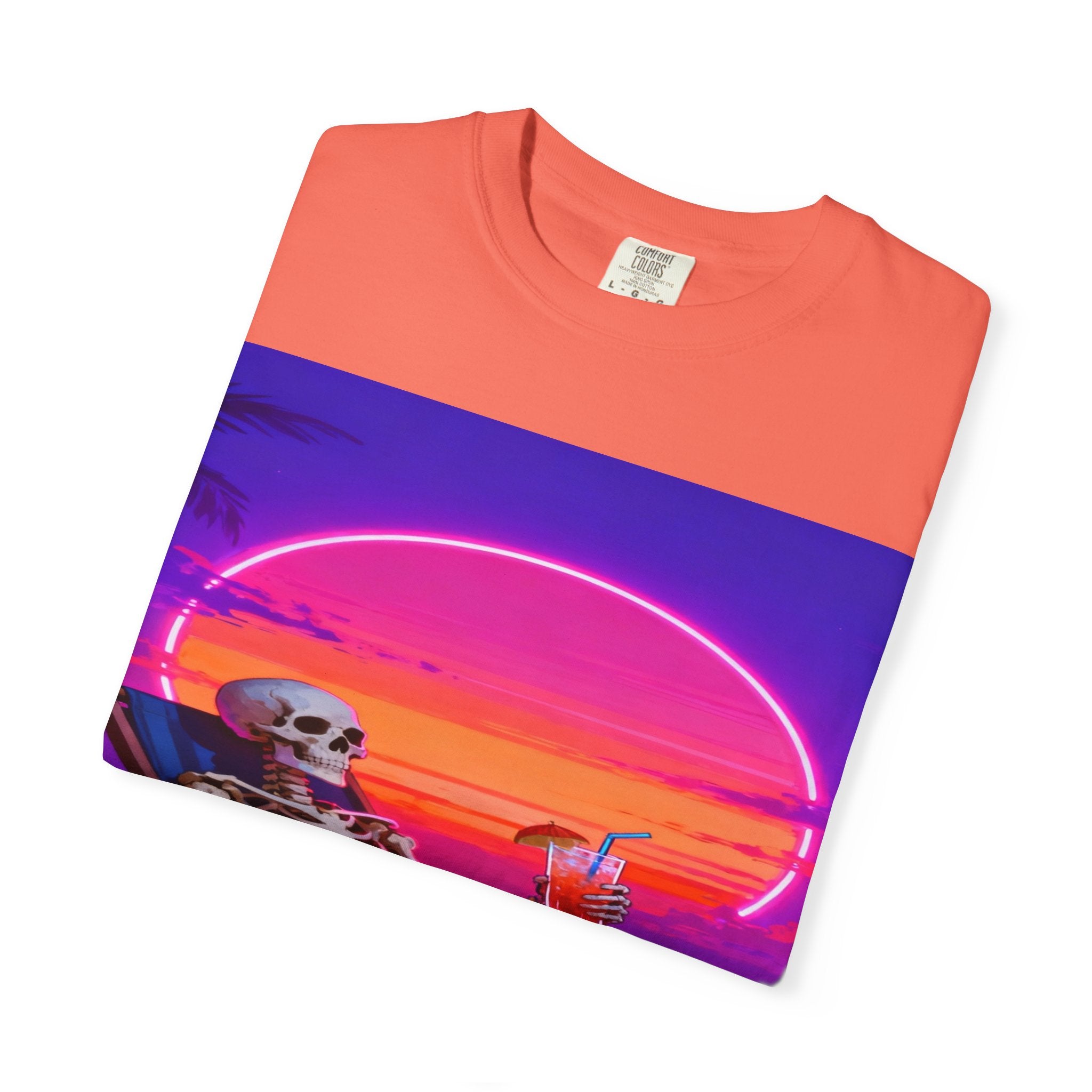 Skeleton on Beach T-shirt | Retro Neon Sunset Vaporwave