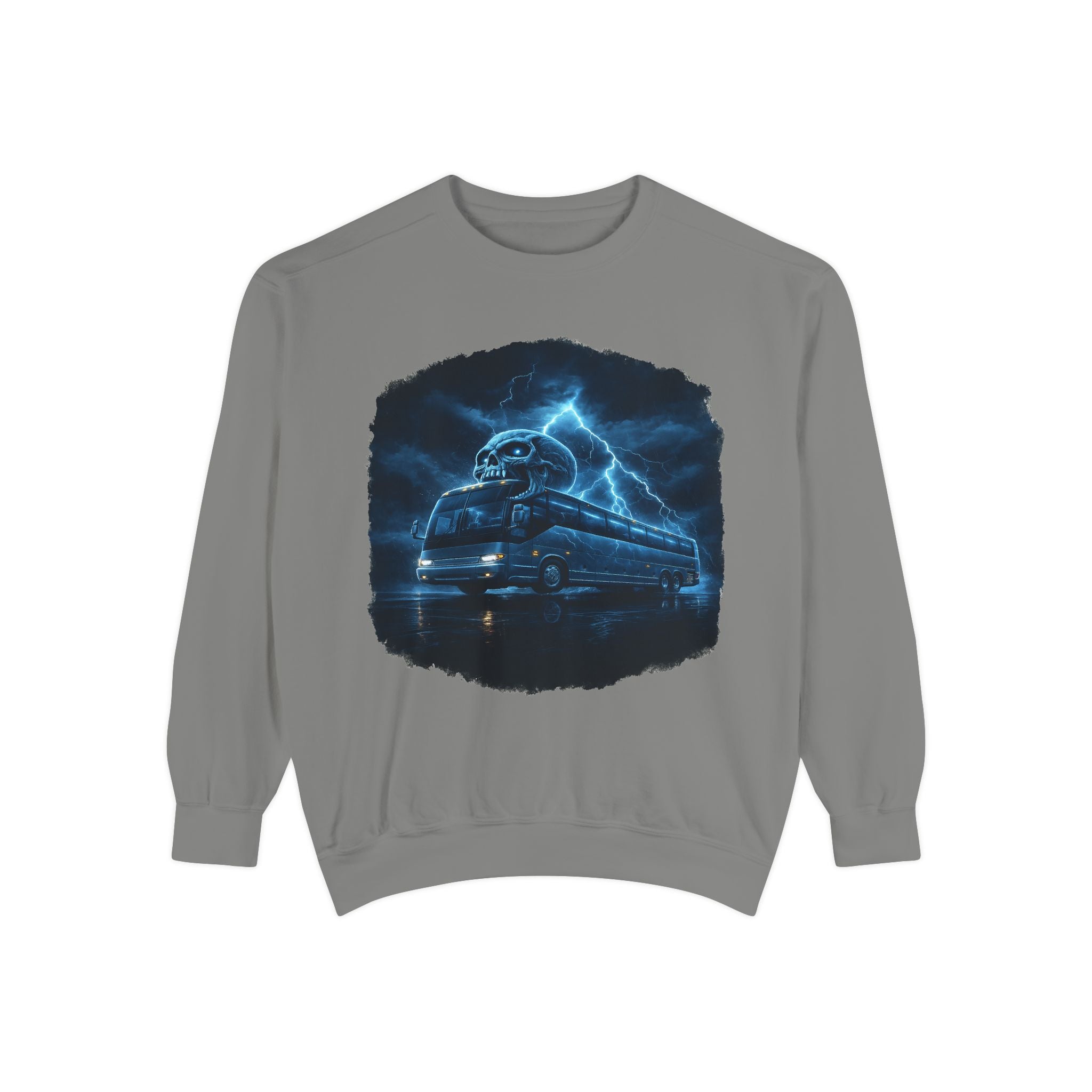 Ghostly Night Bus Sweatshirt — Haunted Storm Road Trip Crewneck
