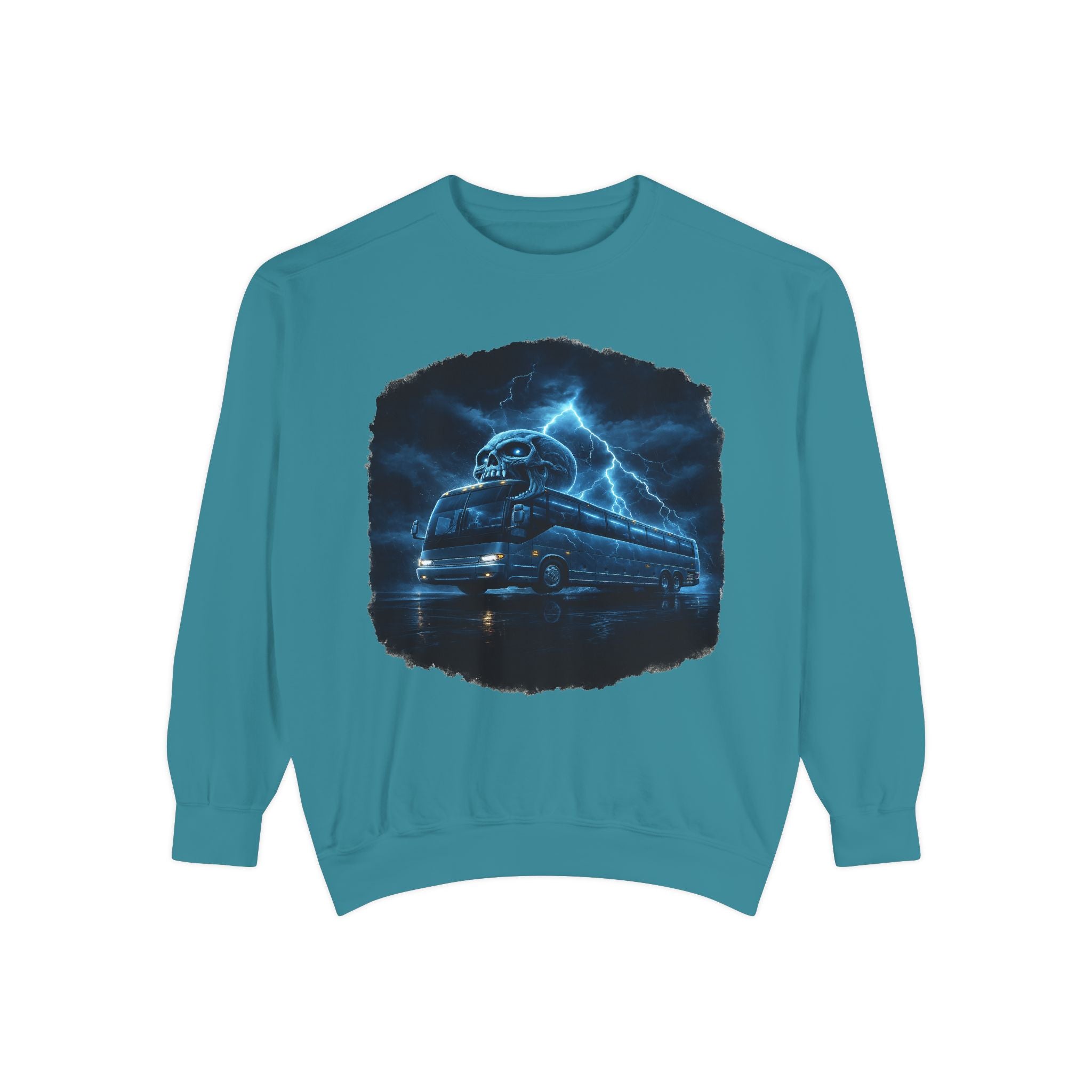 Ghostly Night Bus Sweatshirt — Haunted Storm Road Trip Crewneck