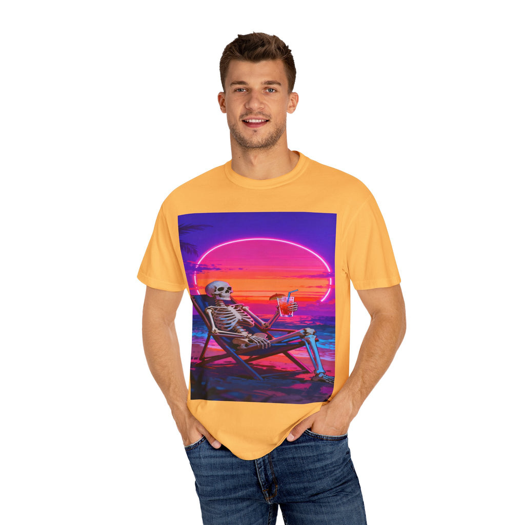 Skeleton on Beach T-shirt | Retro Neon Sunset Vaporwave