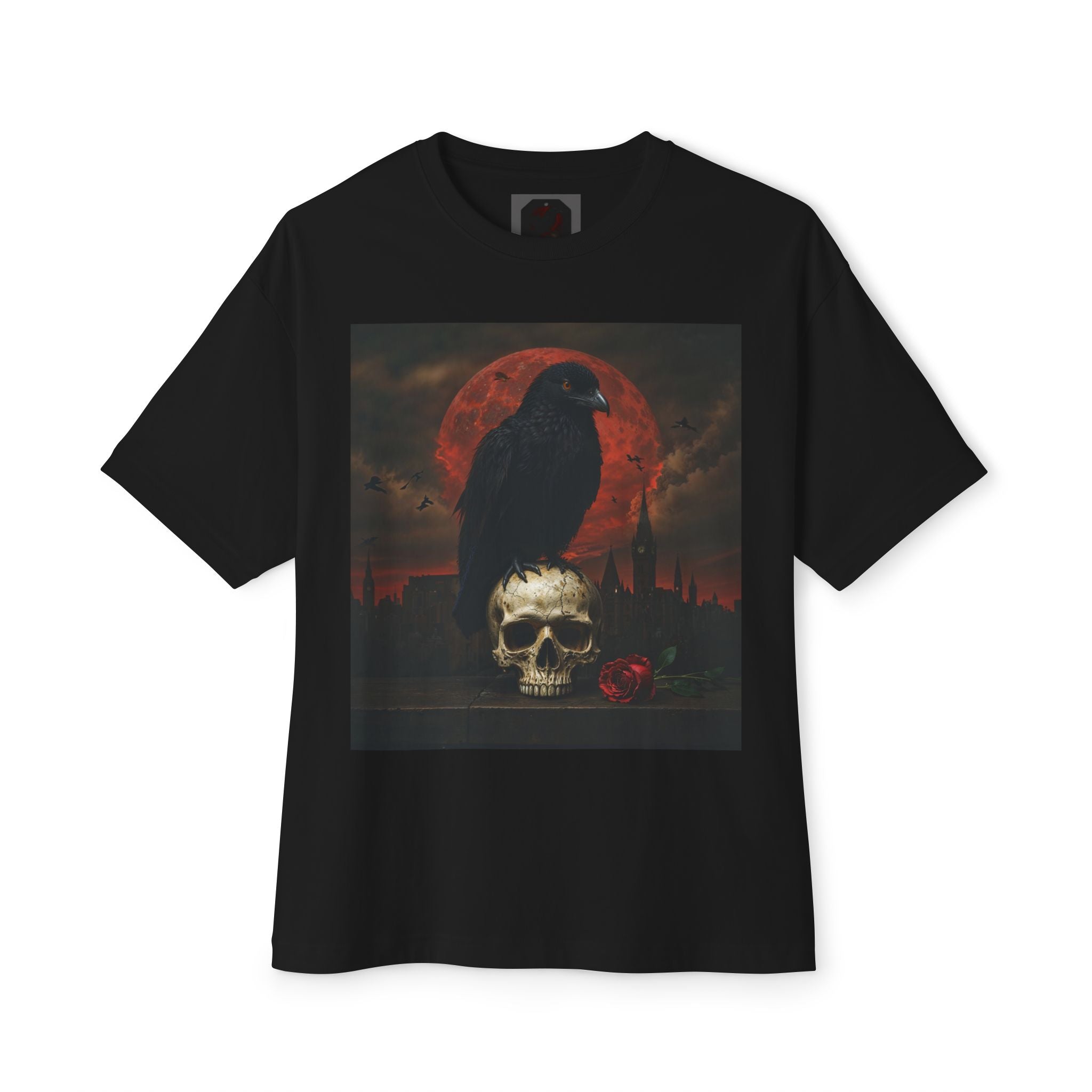 Raven Rising from Flames Skull Tee | Gothic Metal Fantasy