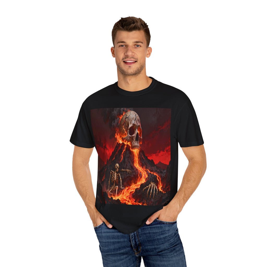 Volcanic Skull Lava Scene T-Shirt | Skeleton Volcano Graphic Tee