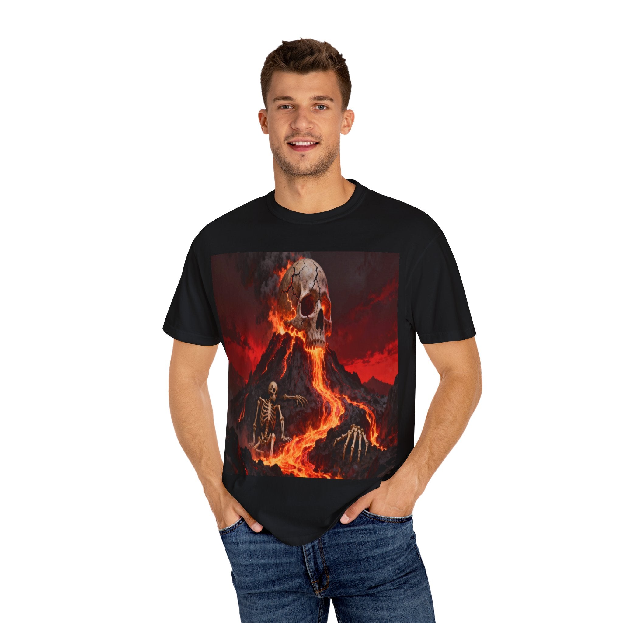 Volcanic Skull Lava Scene T-Shirt | Skeleton Volcano Graphic Tee
