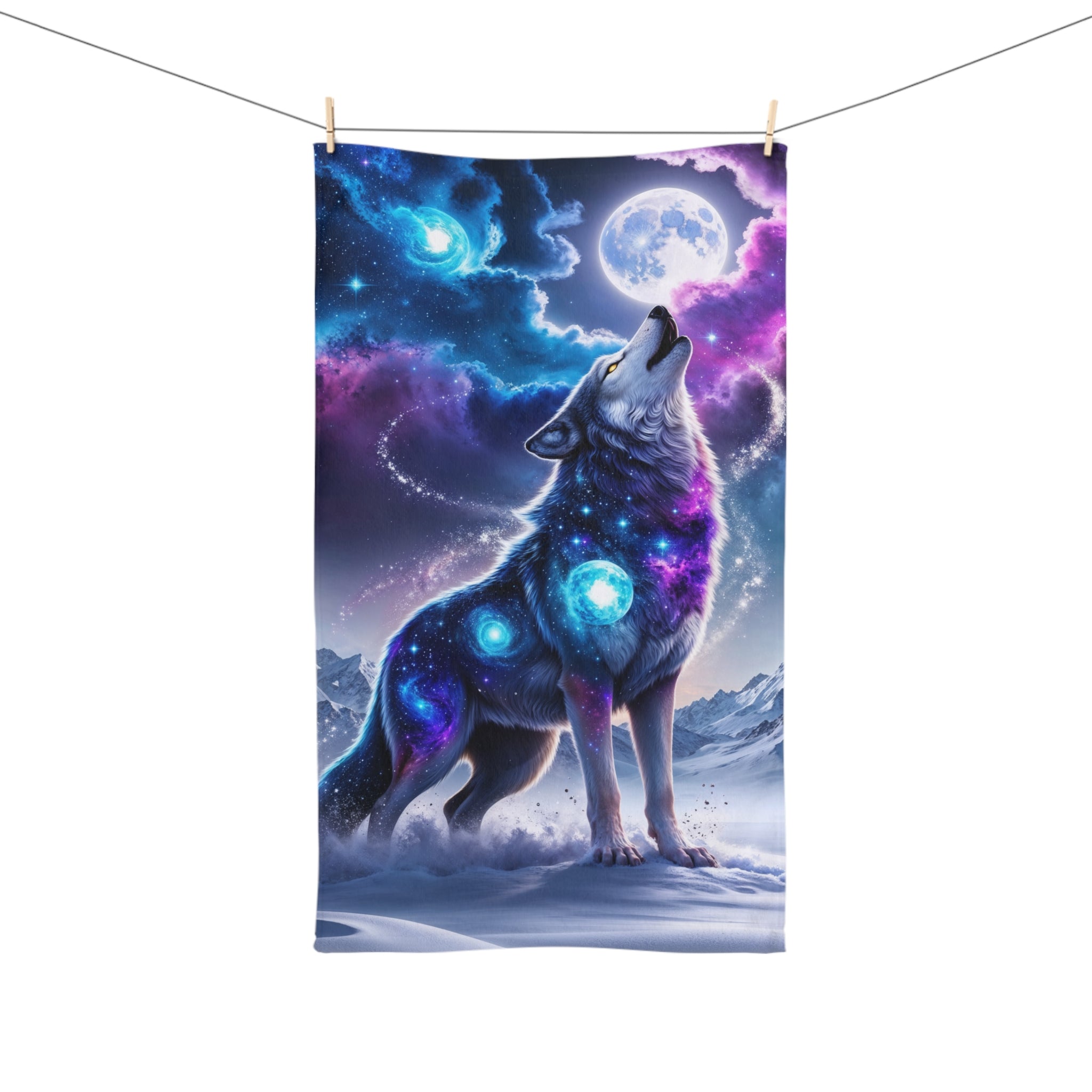 Cosmic Wolf Howling Hand Towel | Galaxy Night Moon