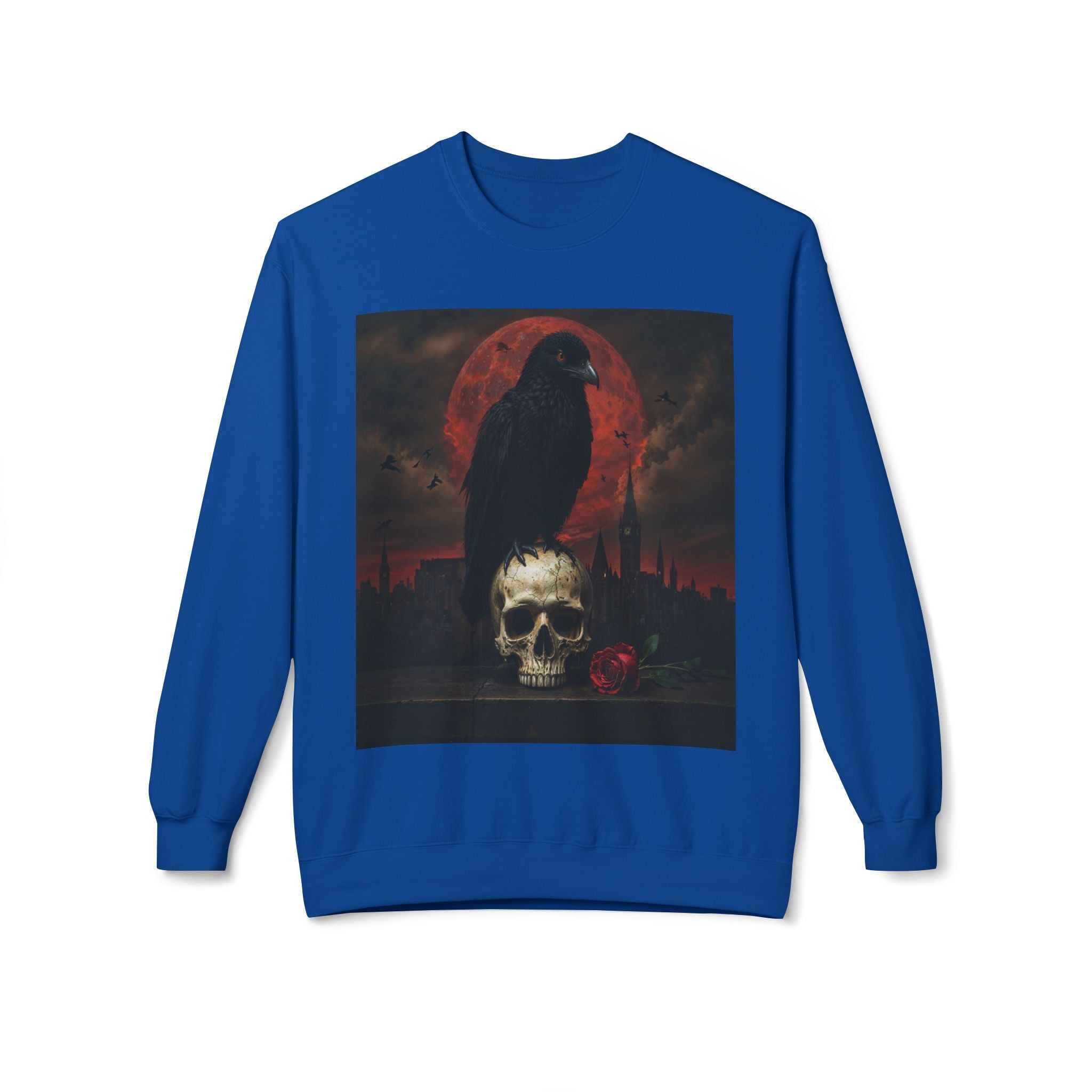 Raven on Skull Crewneck Sweatshirt | Skull Volcano Back Print