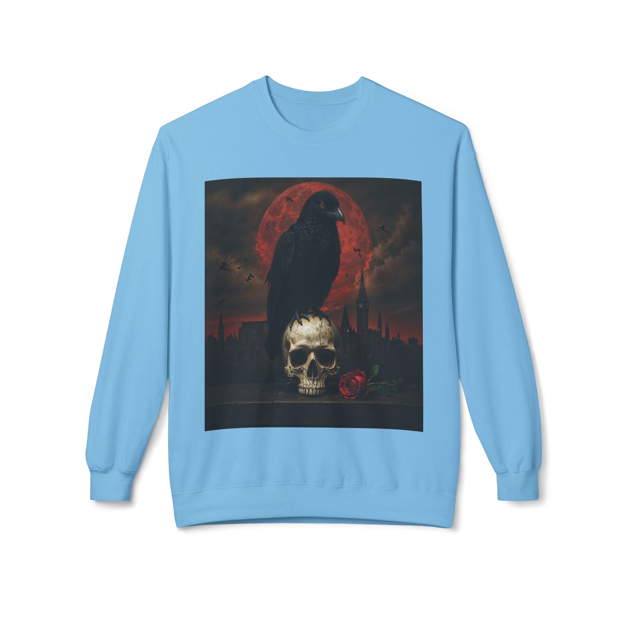 Raven on Skull Crewneck Sweatshirt | Skull Volcano Back Print
