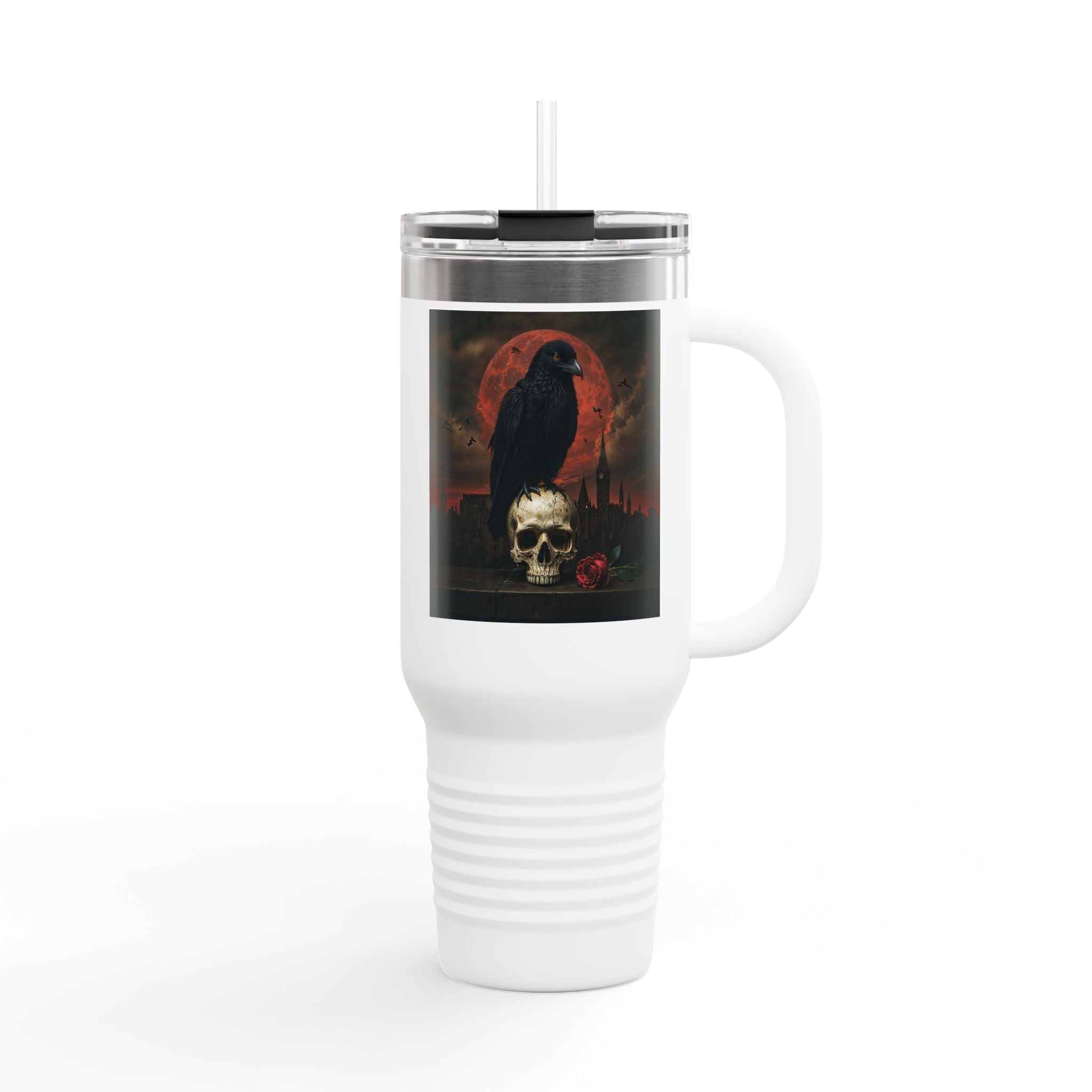 Raven on Skull with Blood Moon Insulated Travel Mug