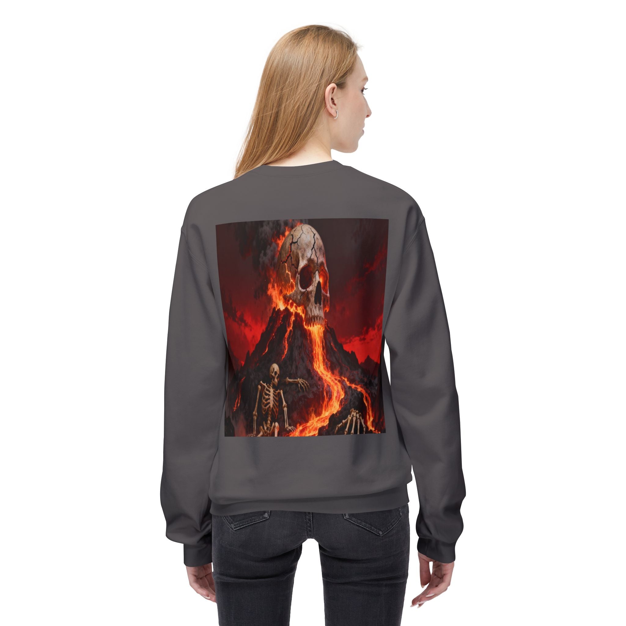 Raven on Skull Crewneck Sweatshirt | Skull Volcano Back Print