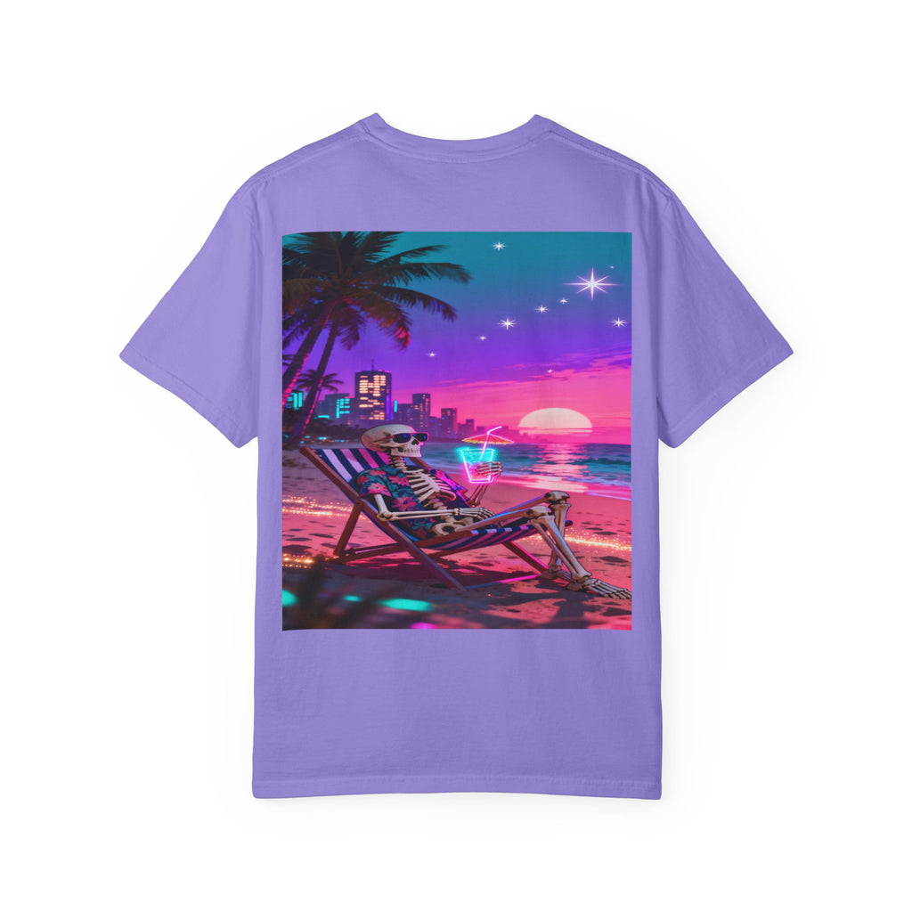 Skeleton on Beach T-shirt | Retro Neon Sunset Vaporwave