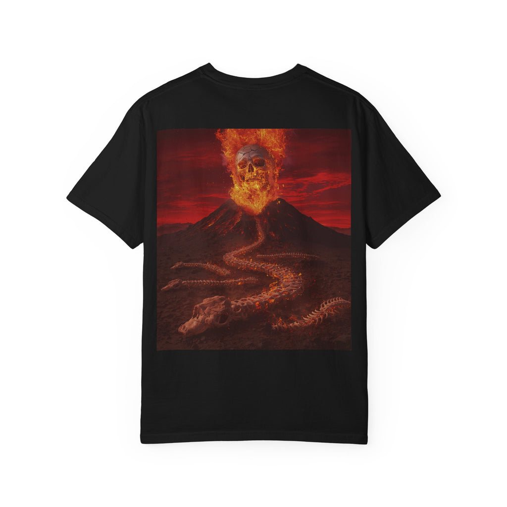 Volcanic Skull Lava Scene T-Shirt | Skeleton Volcano Graphic Tee
