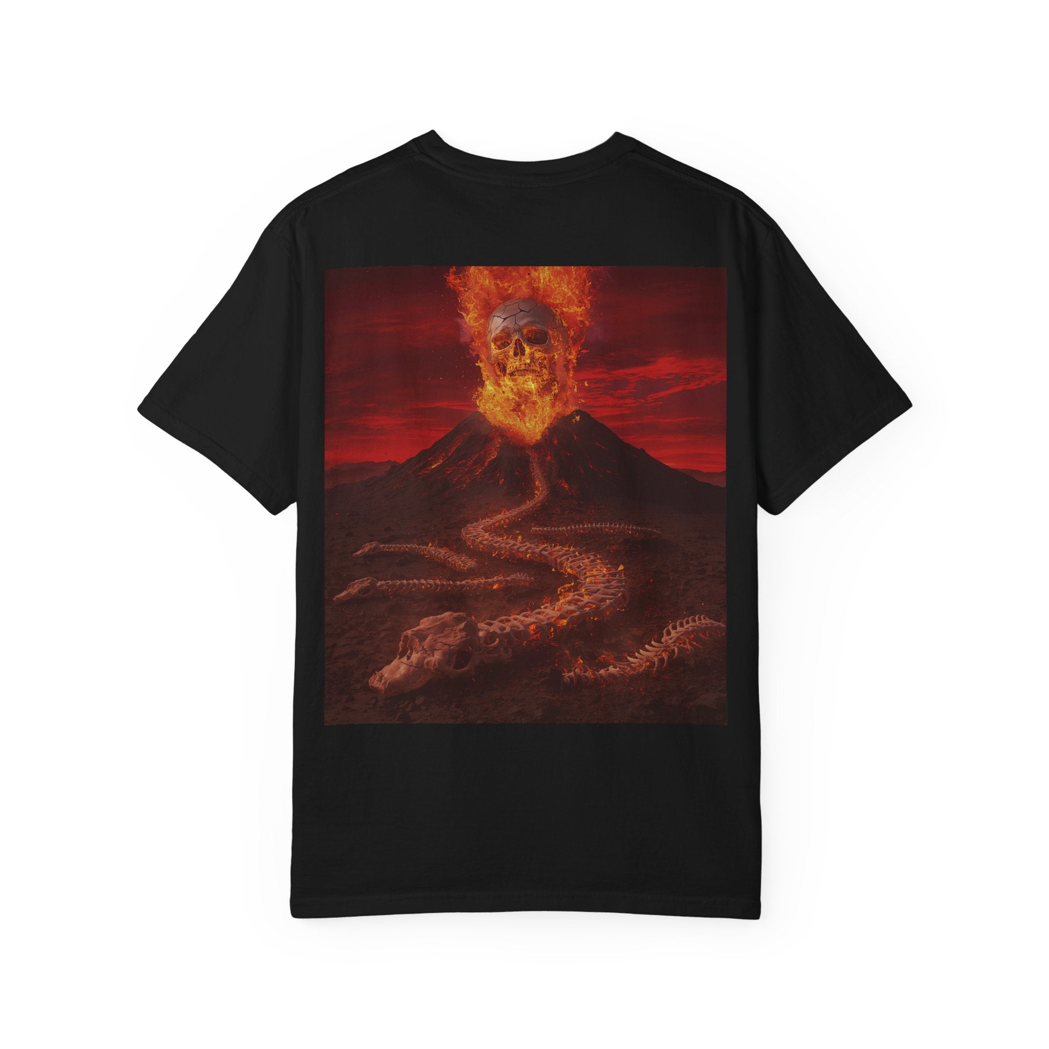Volcanic Skull Lava Scene T-Shirt | Skeleton Volcano Graphic Tee