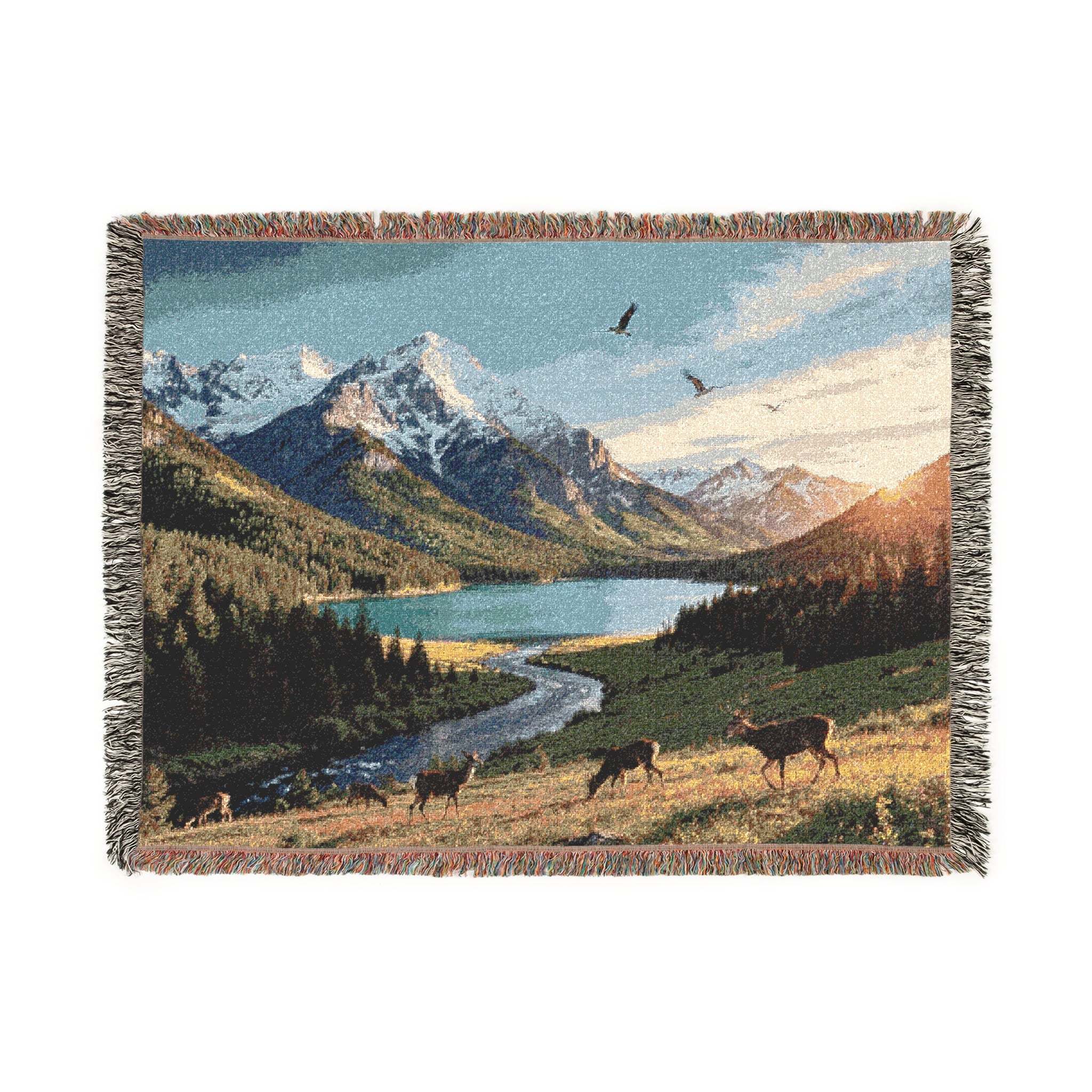 Mountain Lake Landscape Woven Blanket | Scenic Cabin Decor, River Valley Throw