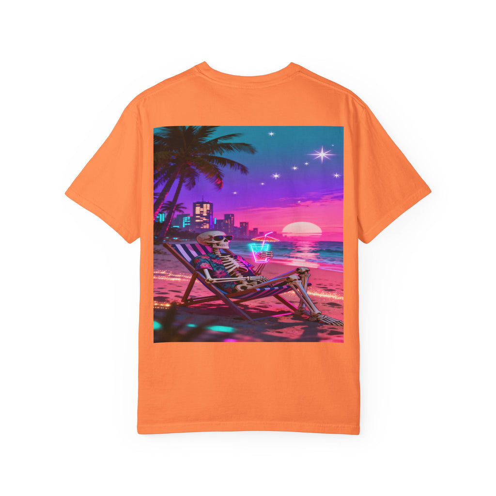 Skeleton on Beach T-shirt | Retro Neon Sunset Vaporwave