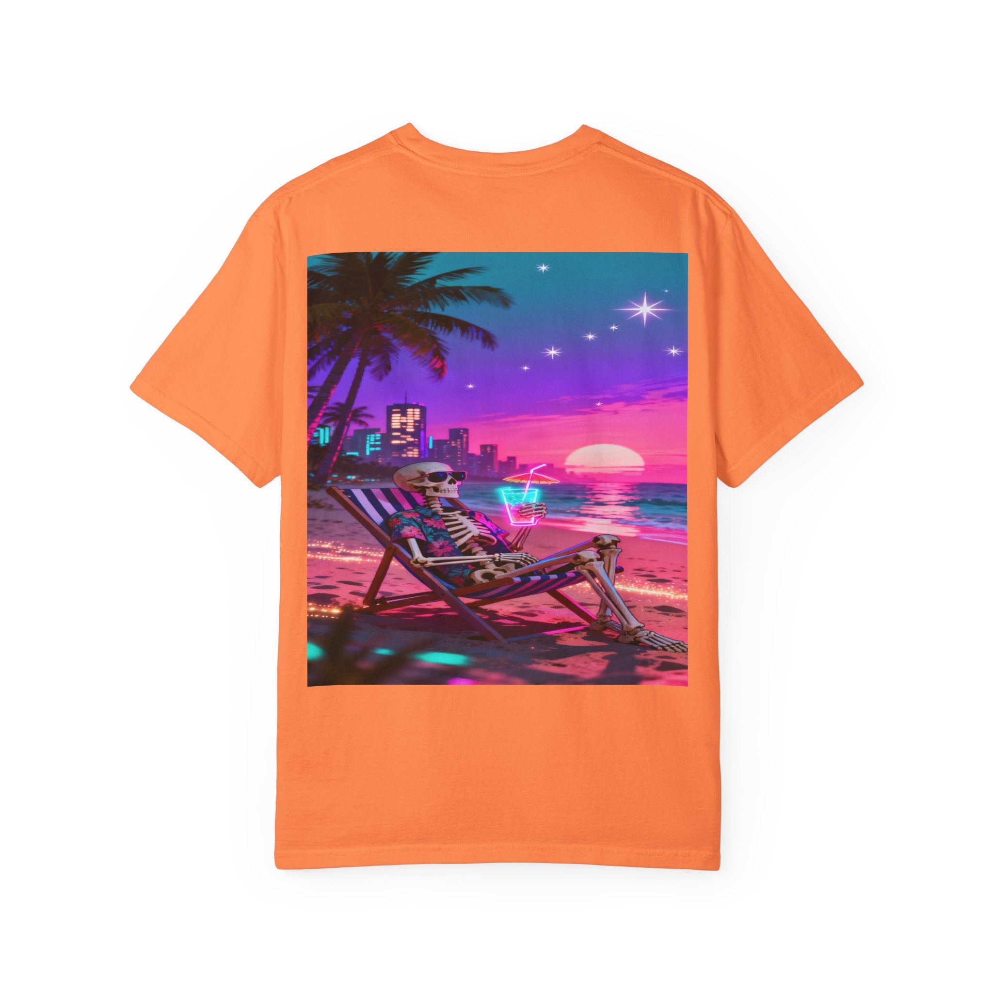 Skeleton on Beach T-shirt | Retro Neon Sunset Vaporwave