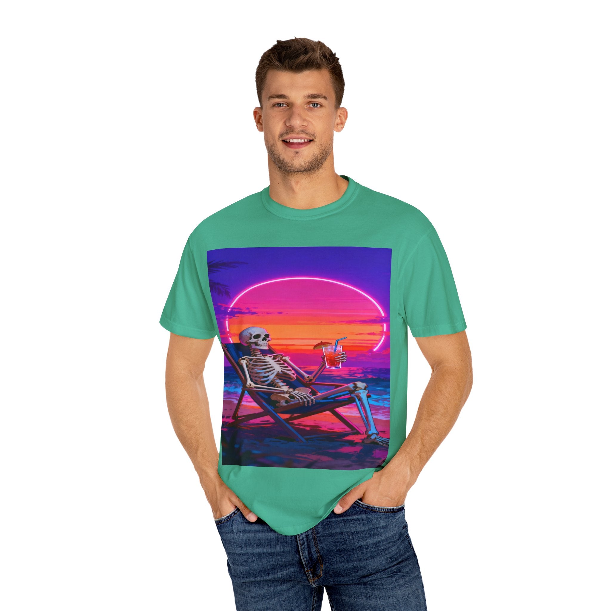 Skeleton on Beach T-shirt | Retro Neon Sunset Vaporwave