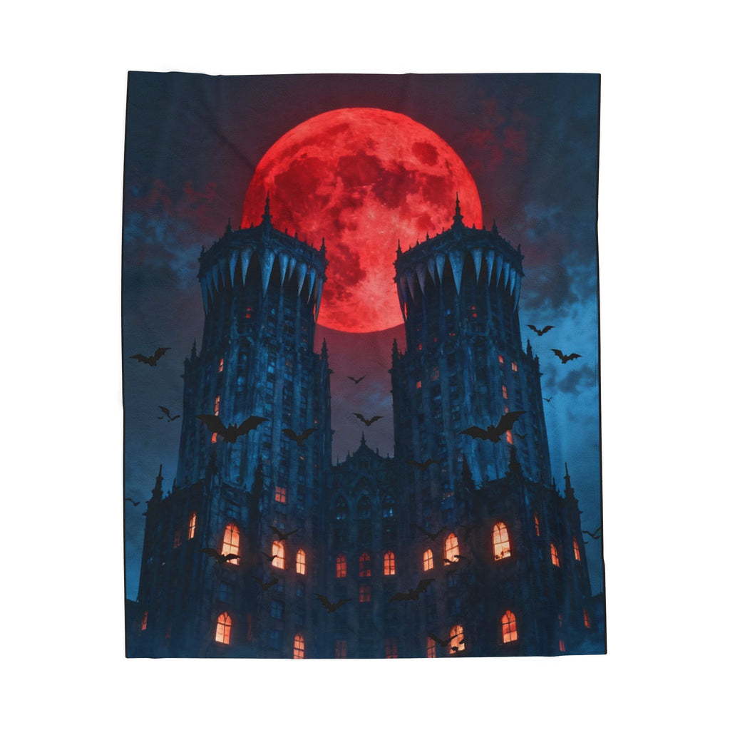 Gothic Castle with Red Blood Moon Velveteen Plush Blanket | Haunted Night, Bats