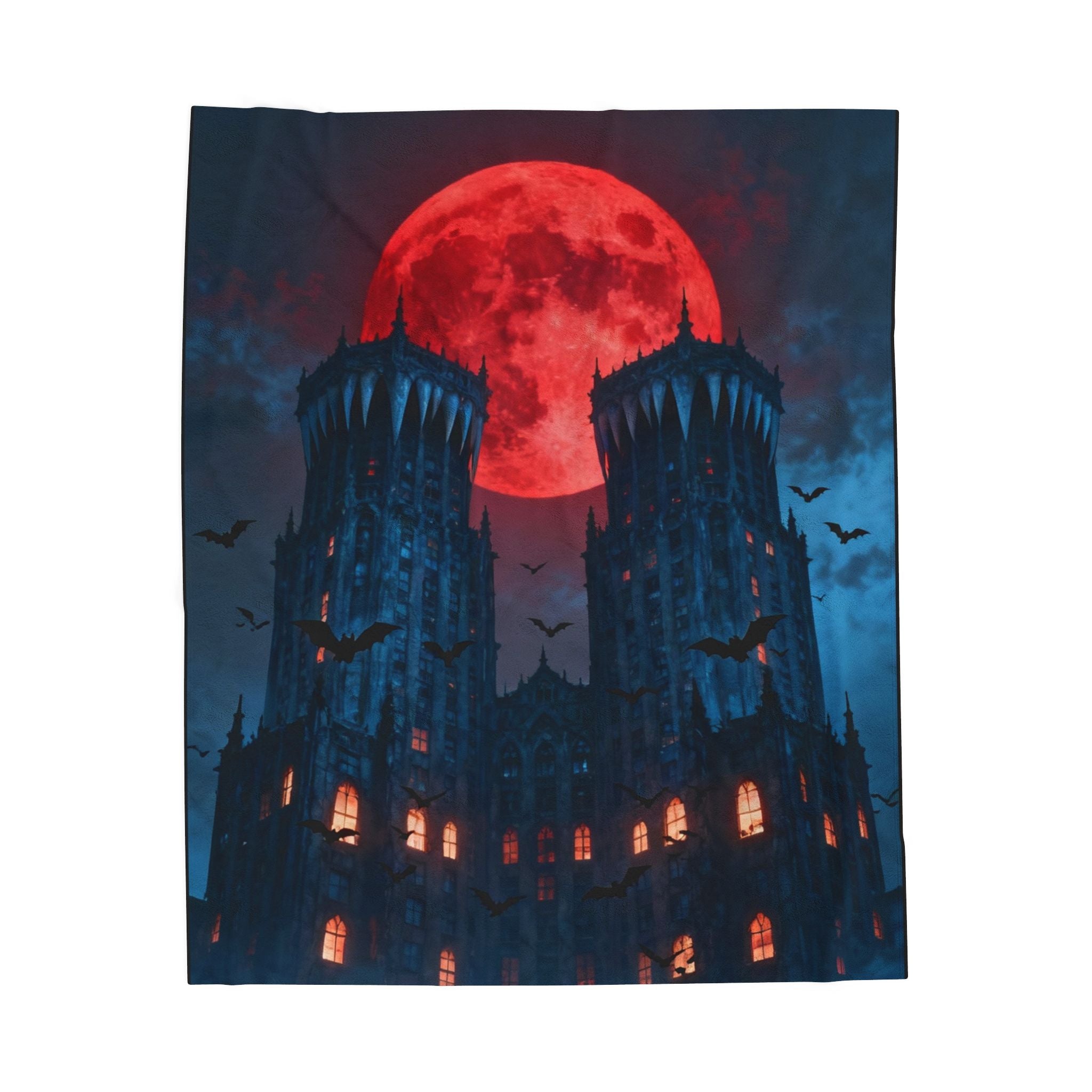 Gothic Castle with Red Blood Moon Velveteen Plush Blanket | Haunted Night, Bats