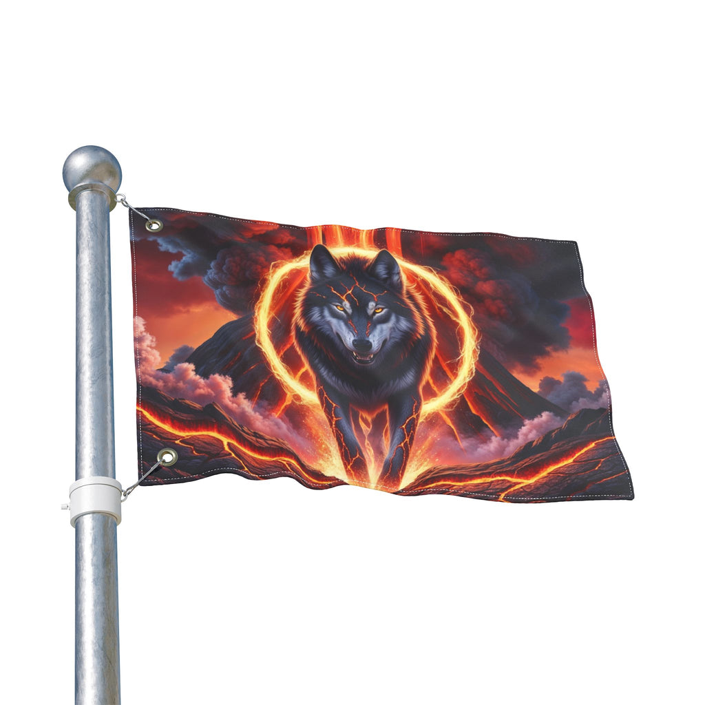 Fiery Wolf with Lava Ring Flag | Double-Sided Flag, Volcano Night Scene