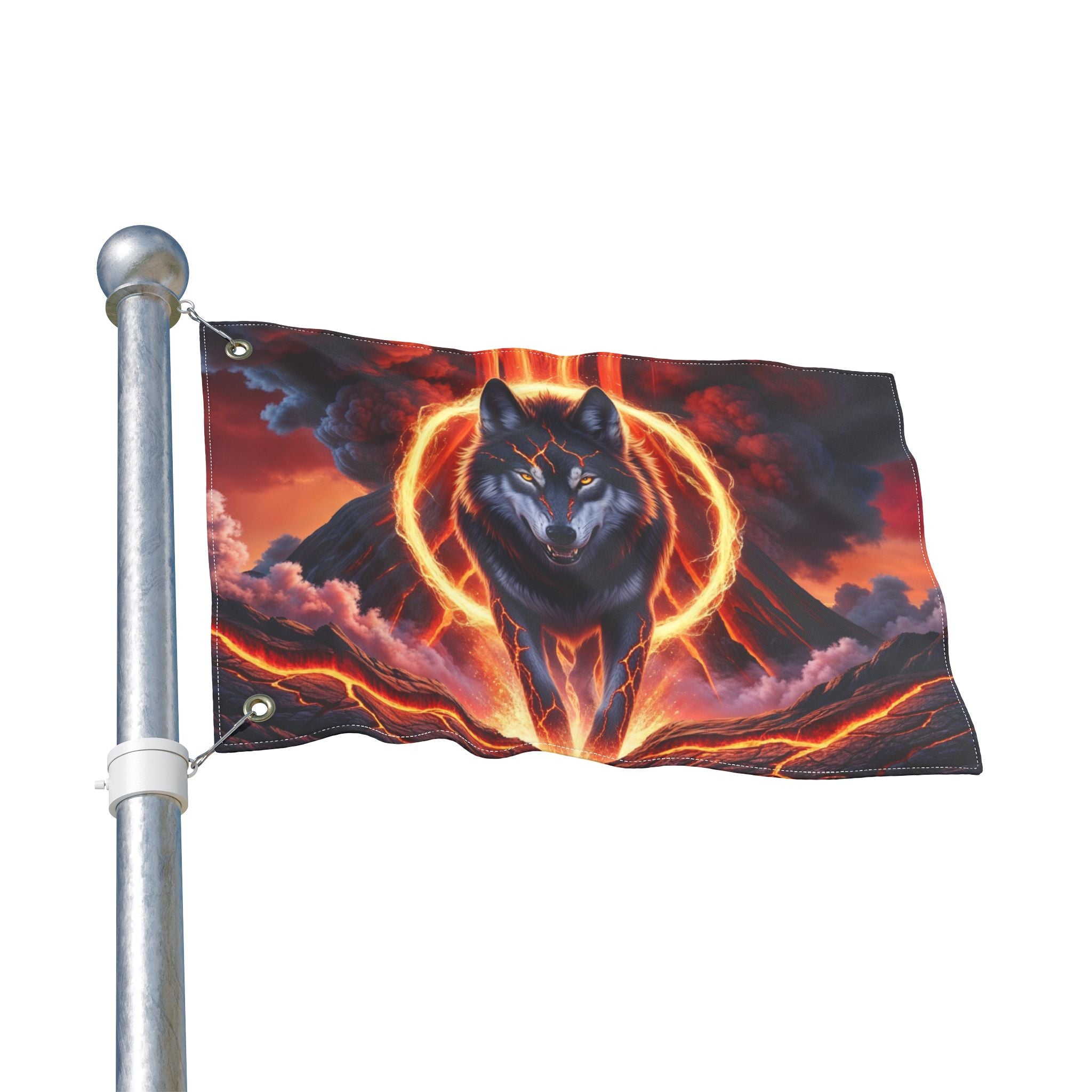 Fiery Wolf with Lava Ring Flag | Double-Sided Flag, Volcano Night Scene
