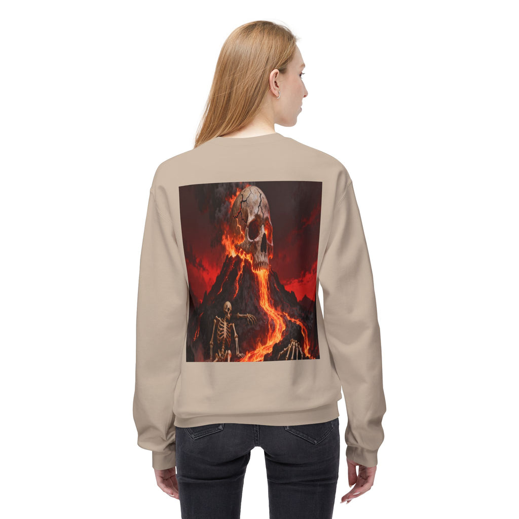 Raven on Skull Crewneck Sweatshirt | Skull Volcano Back Print