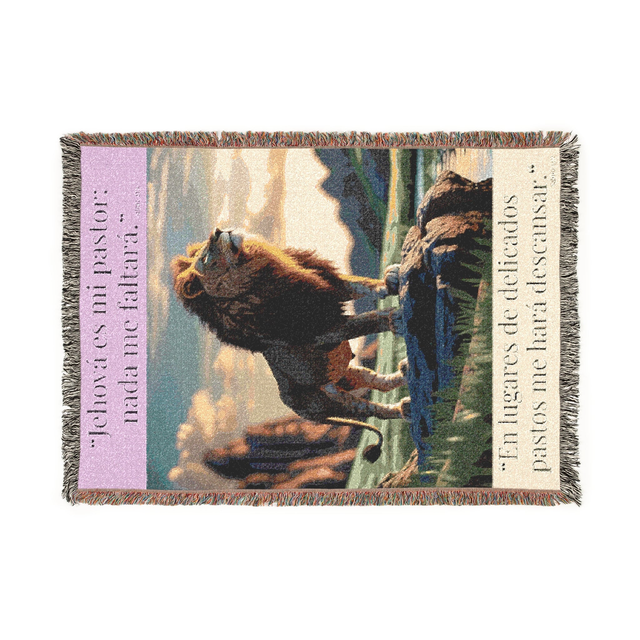 Lion Landscape Woven Blanket Scripture in Spanish | Rustic Western Ranch Throw