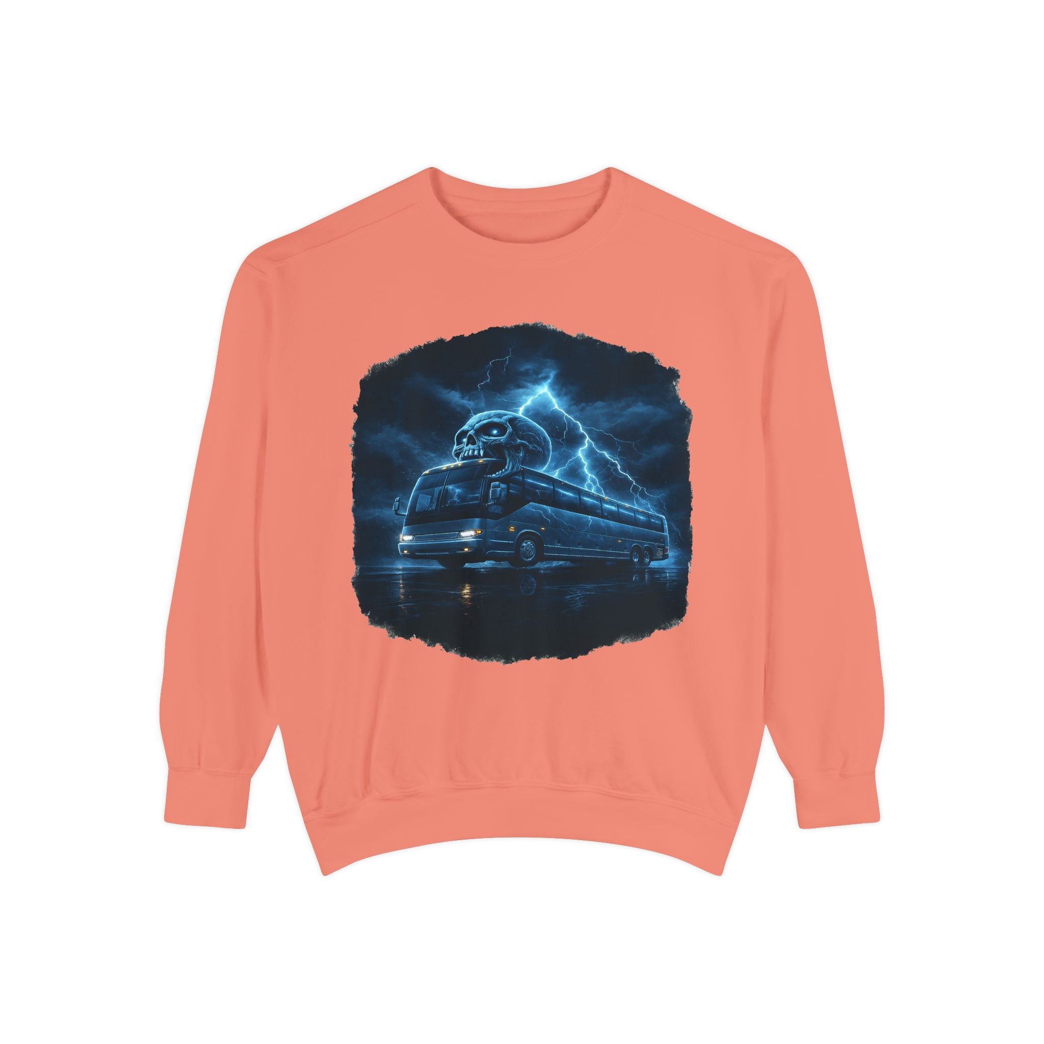 Ghostly Night Bus Sweatshirt — Haunted Storm Road Trip Crewneck