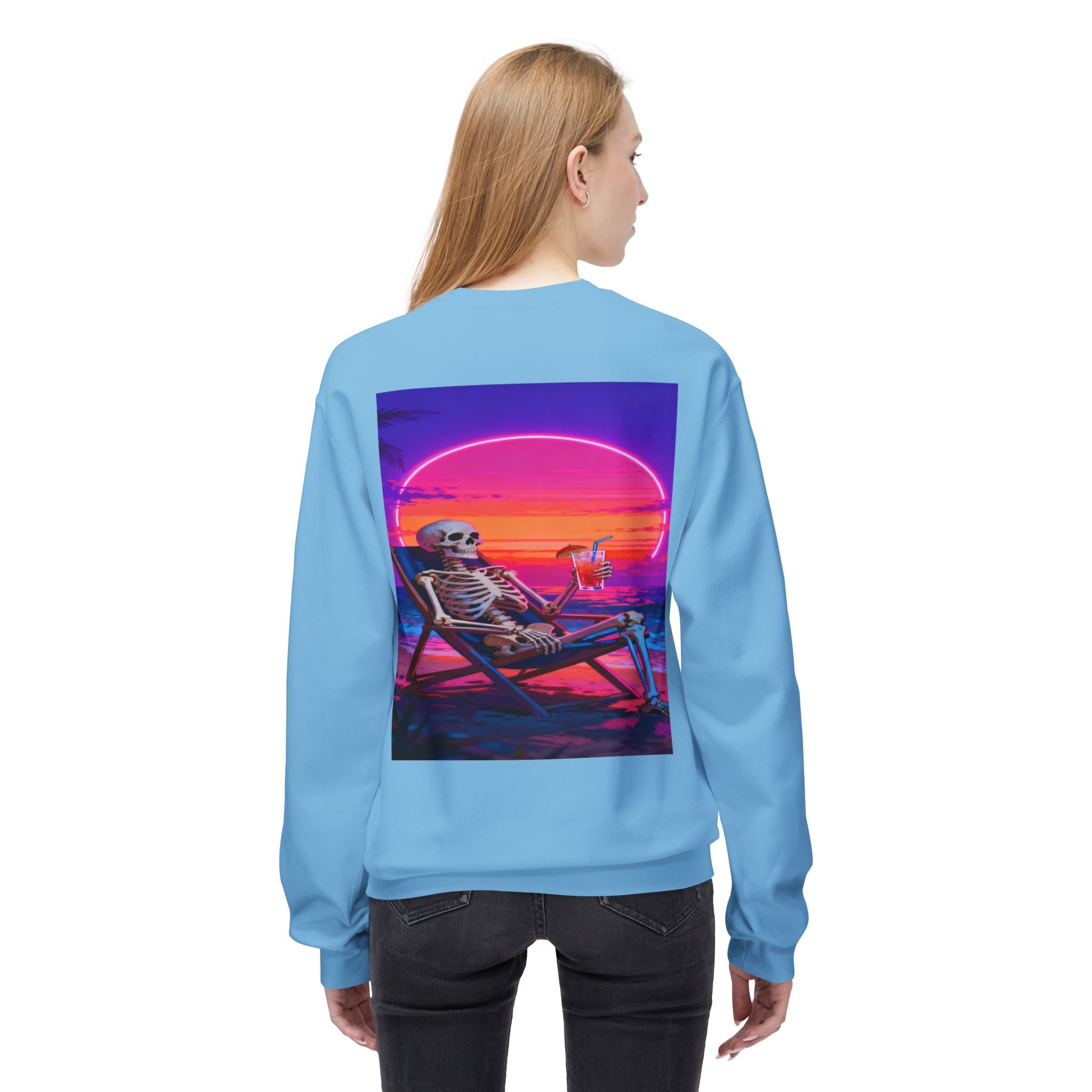 Retro Vaporwave Skeleton Beach Sweatshirt | Neon Sunset Aesthetic