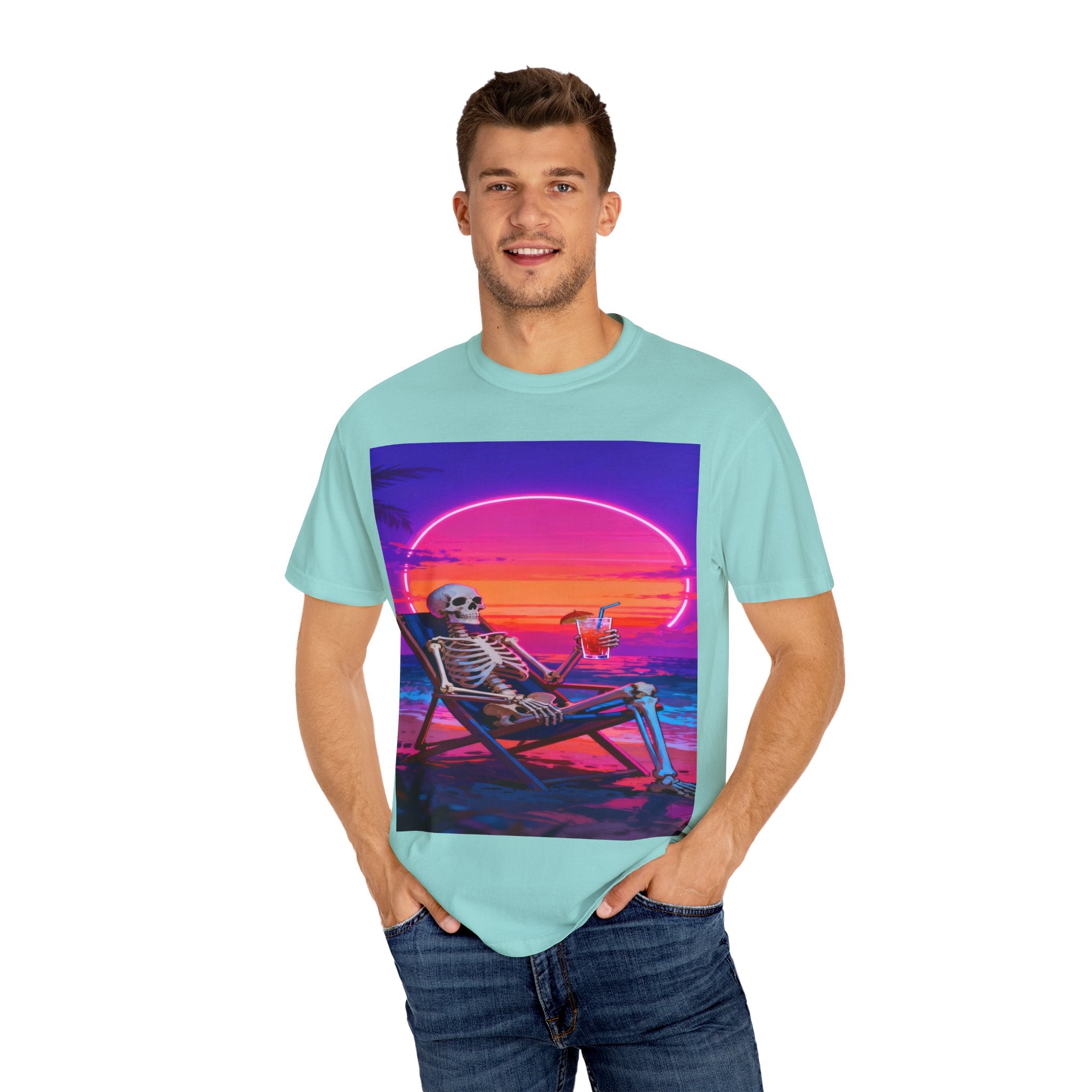 Skeleton on Beach T-shirt | Retro Neon Sunset Vaporwave