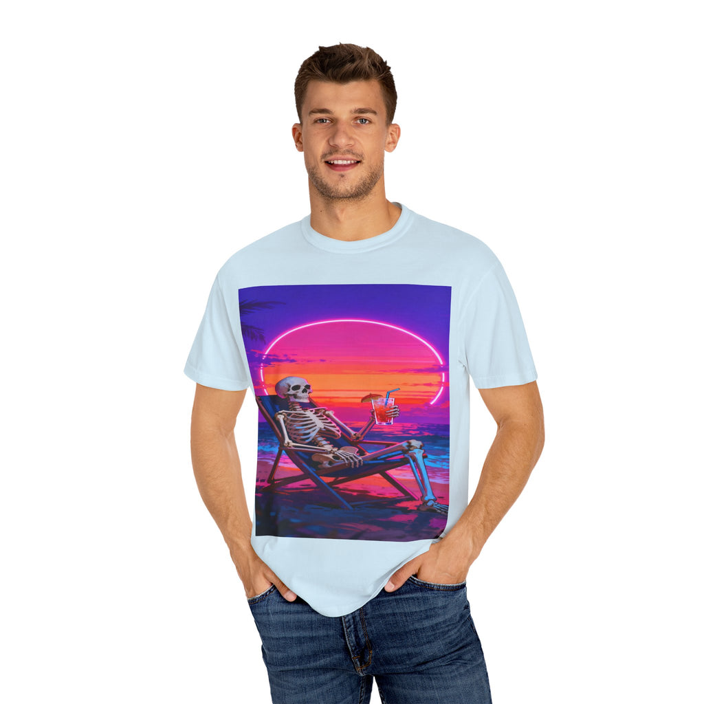 Skeleton on Beach T-shirt | Retro Neon Sunset Vaporwave