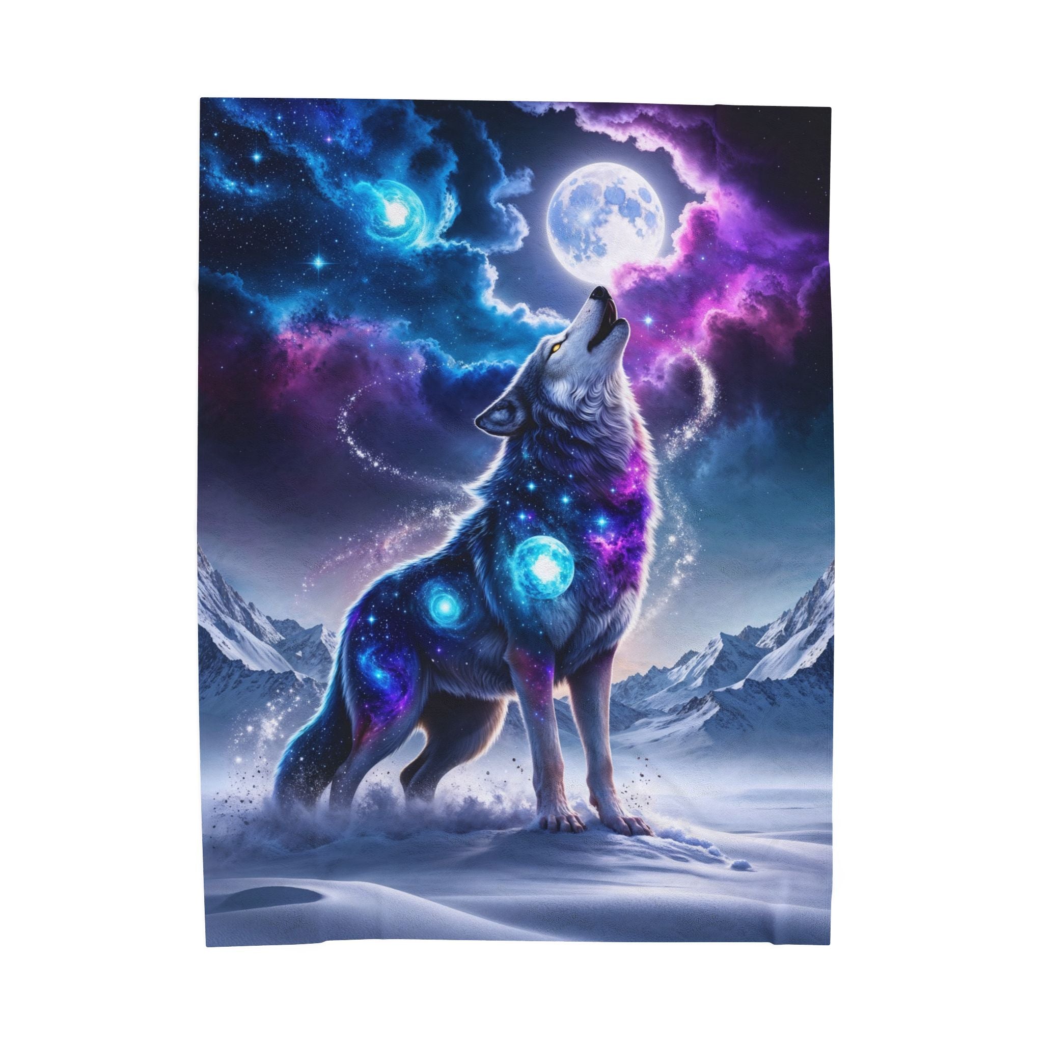 Galaxy Wolf Howling Velveteen Plush Blanket | Cosmic Moon Wolf Throw