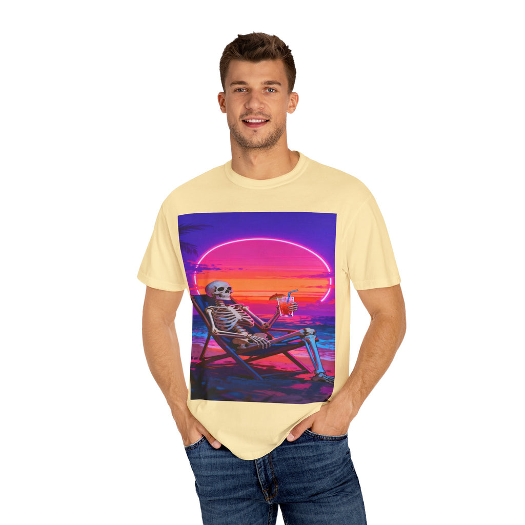 Skeleton on Beach T-shirt | Retro Neon Sunset Vaporwave