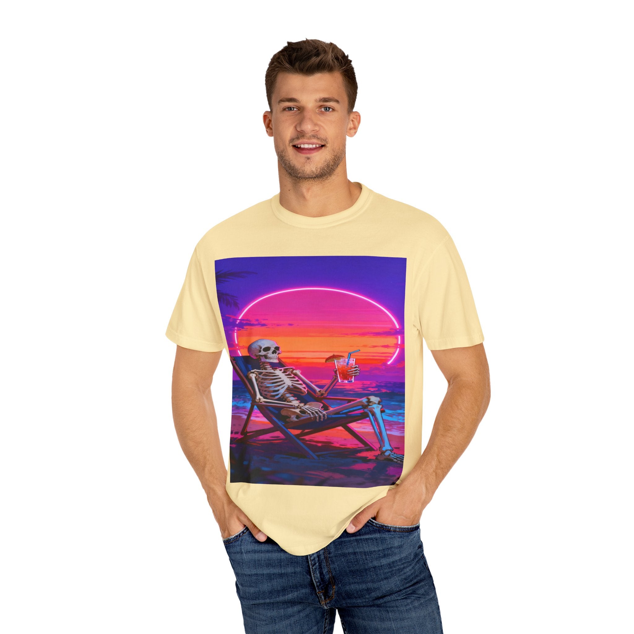 Skeleton on Beach T-shirt | Retro Neon Sunset Vaporwave