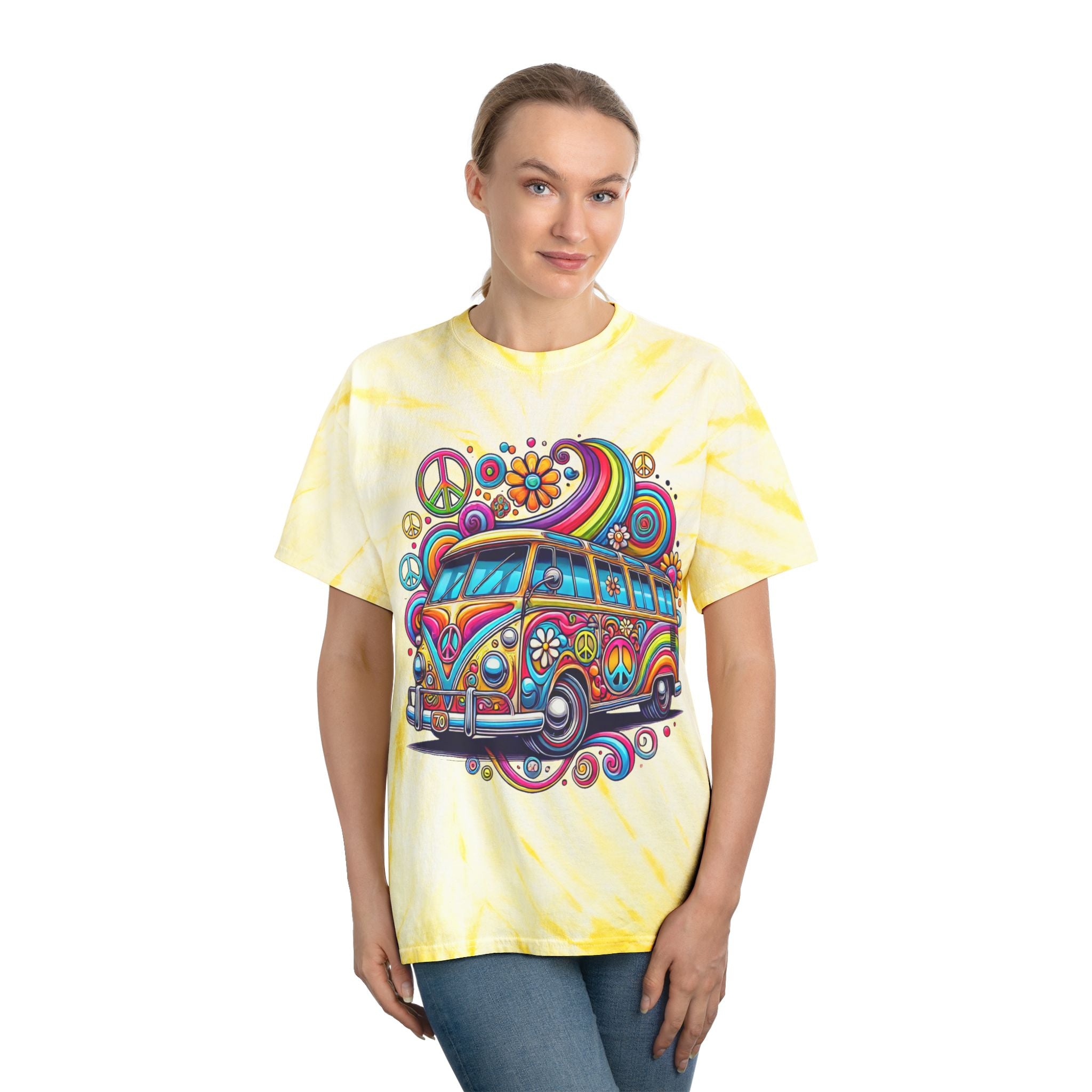 Psychedelic VW Bus Tie-Dye Tee — Retro Peace & Flower Power Graphic