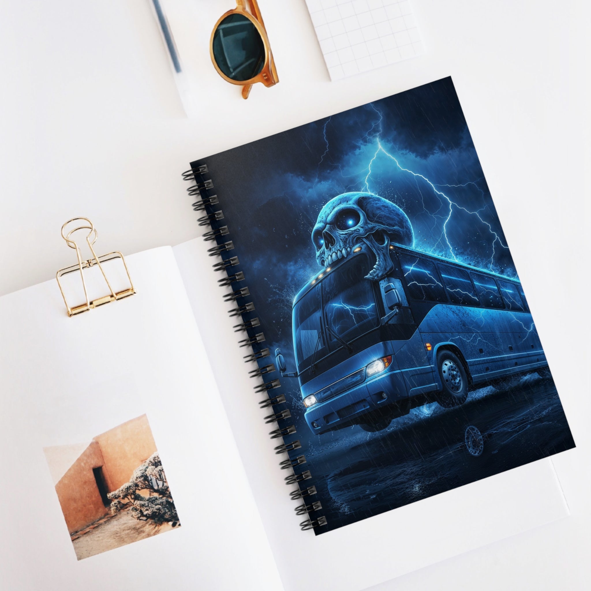 Haunted Skull Bus Spiral Notebook – Gothic Lightning Ruled Journal