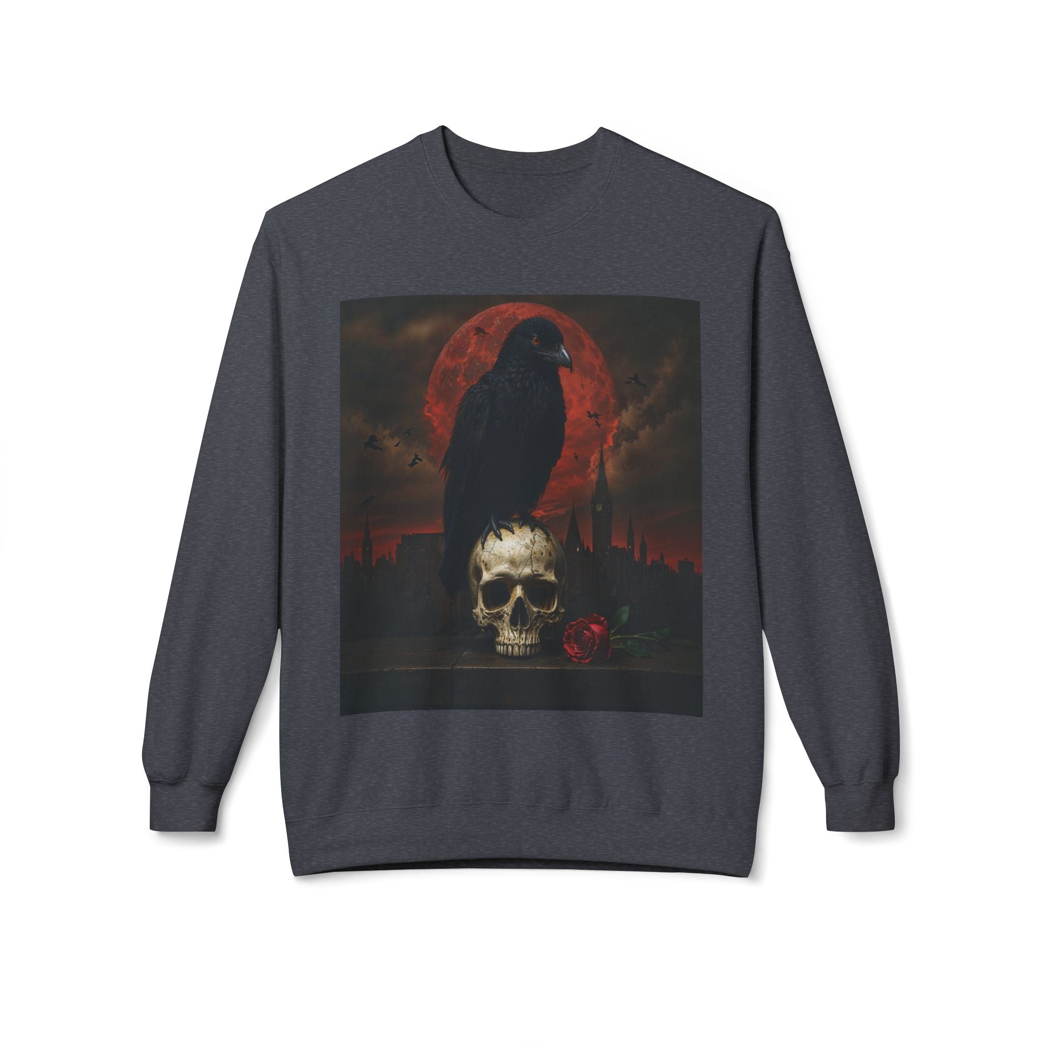 Raven on Skull Crewneck Sweatshirt | Skull Volcano Back Print