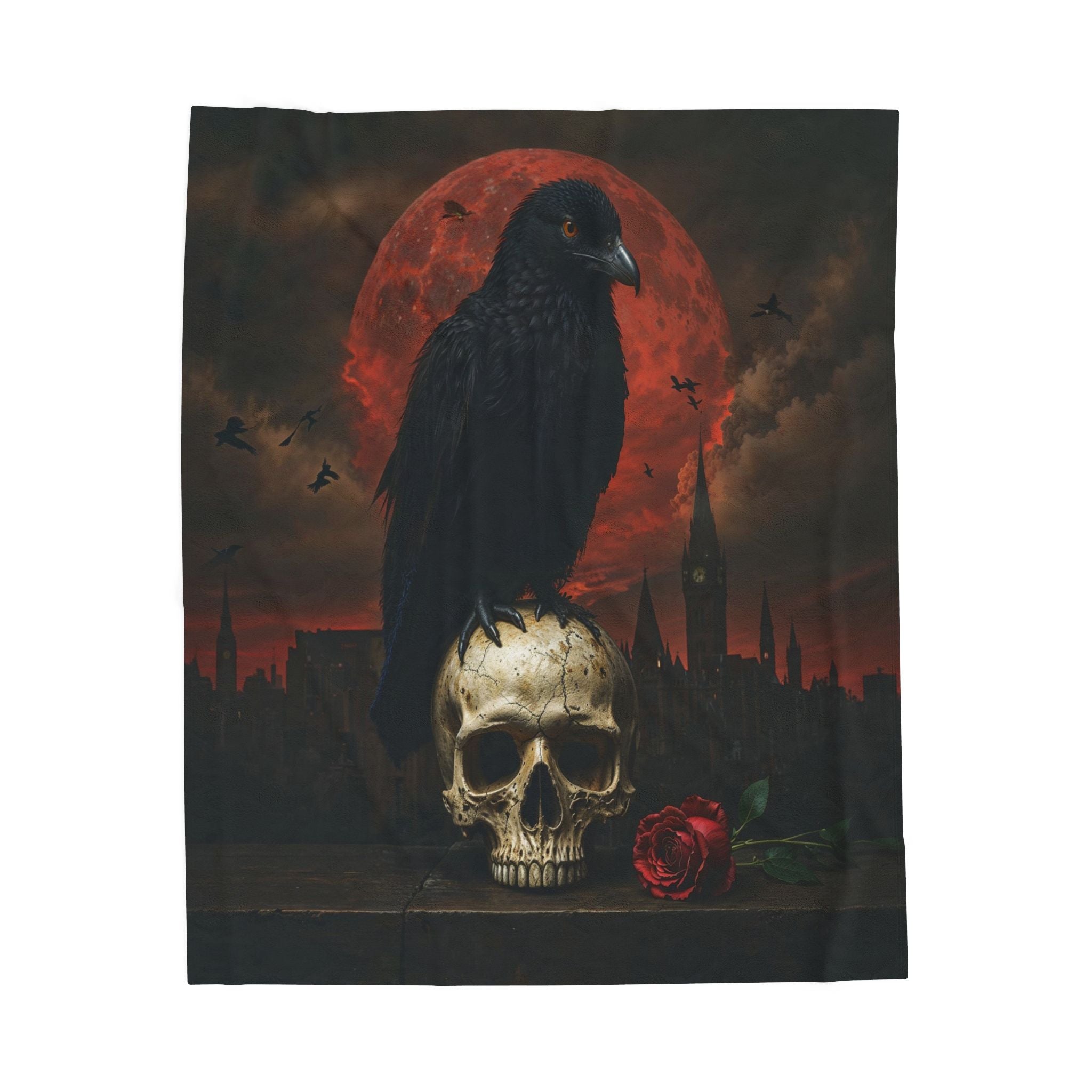 Raven on Skull Velveteen Blanket | Gothic Moon, Rose