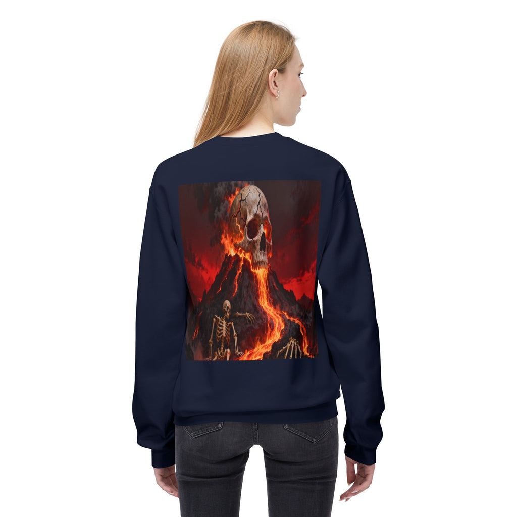 Raven on Skull Crewneck Sweatshirt | Skull Volcano Back Print