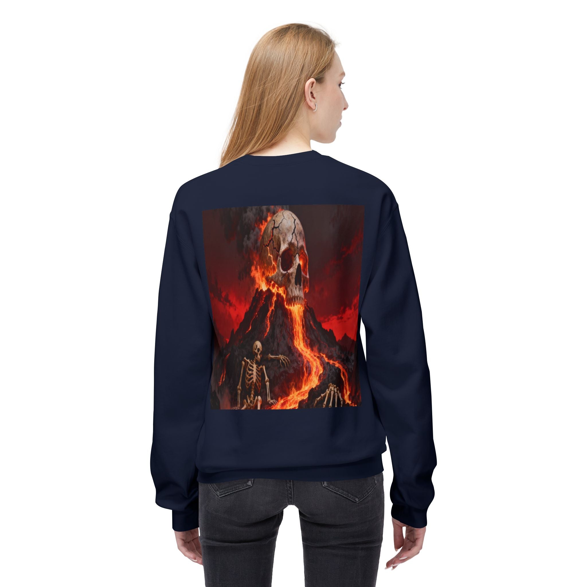 Raven on Skull Crewneck Sweatshirt | Skull Volcano Back Print