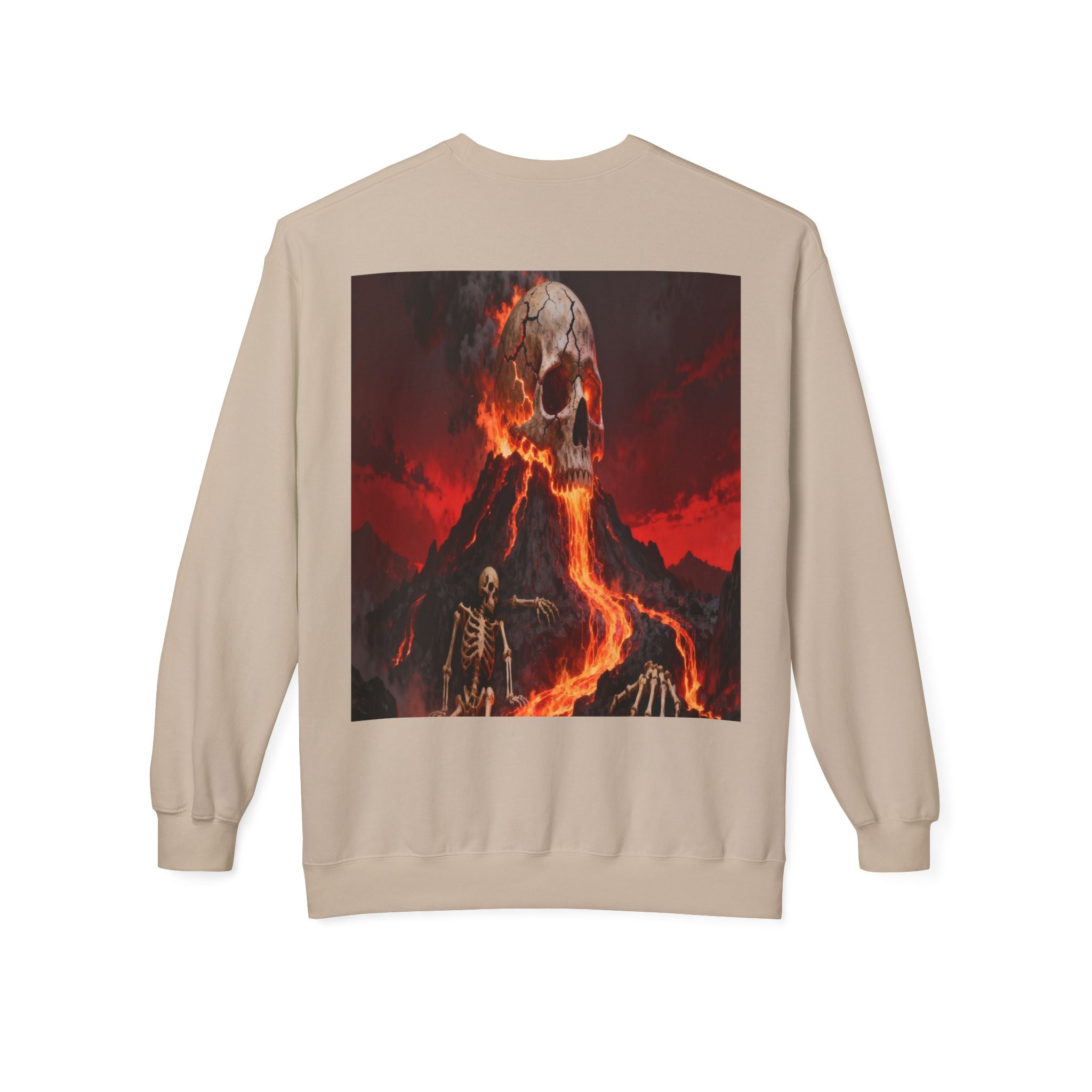 Raven on Skull Crewneck Sweatshirt | Skull Volcano Back Print