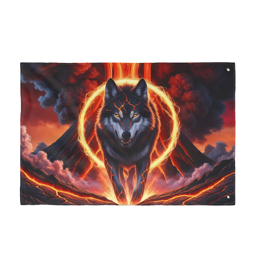 Fiery Wolf with Lava Ring Flag | Double-Sided Flag, Volcano Night Scene